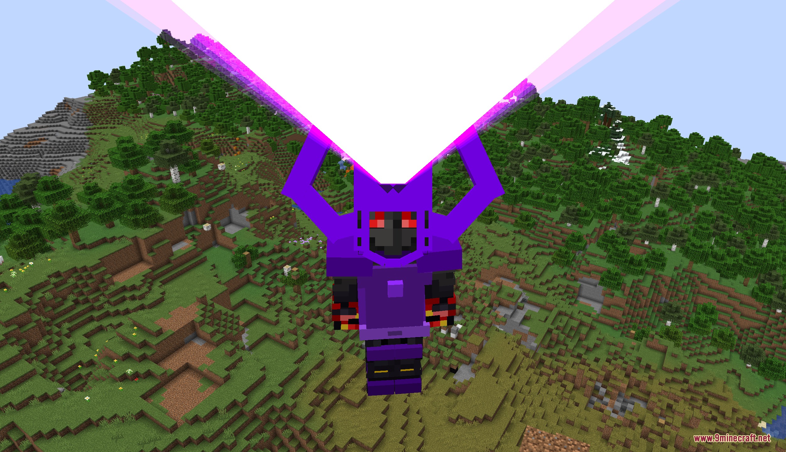 A purple cosmic character flying while holding a massive beam of energy