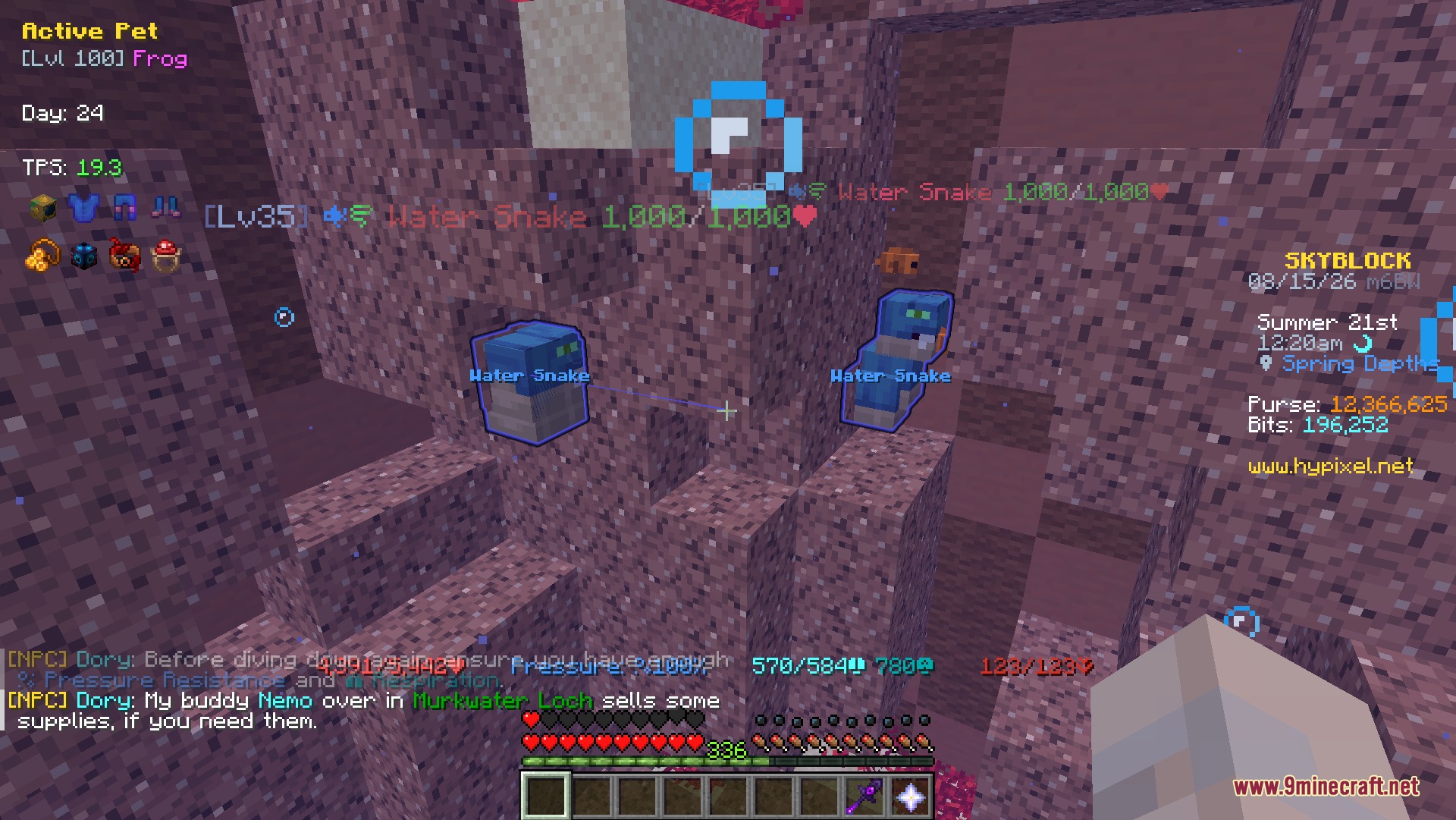 Gan Kura Mod Screenshot 6 Visual overlays show health bars and boxes around underwater Water Snake mobs