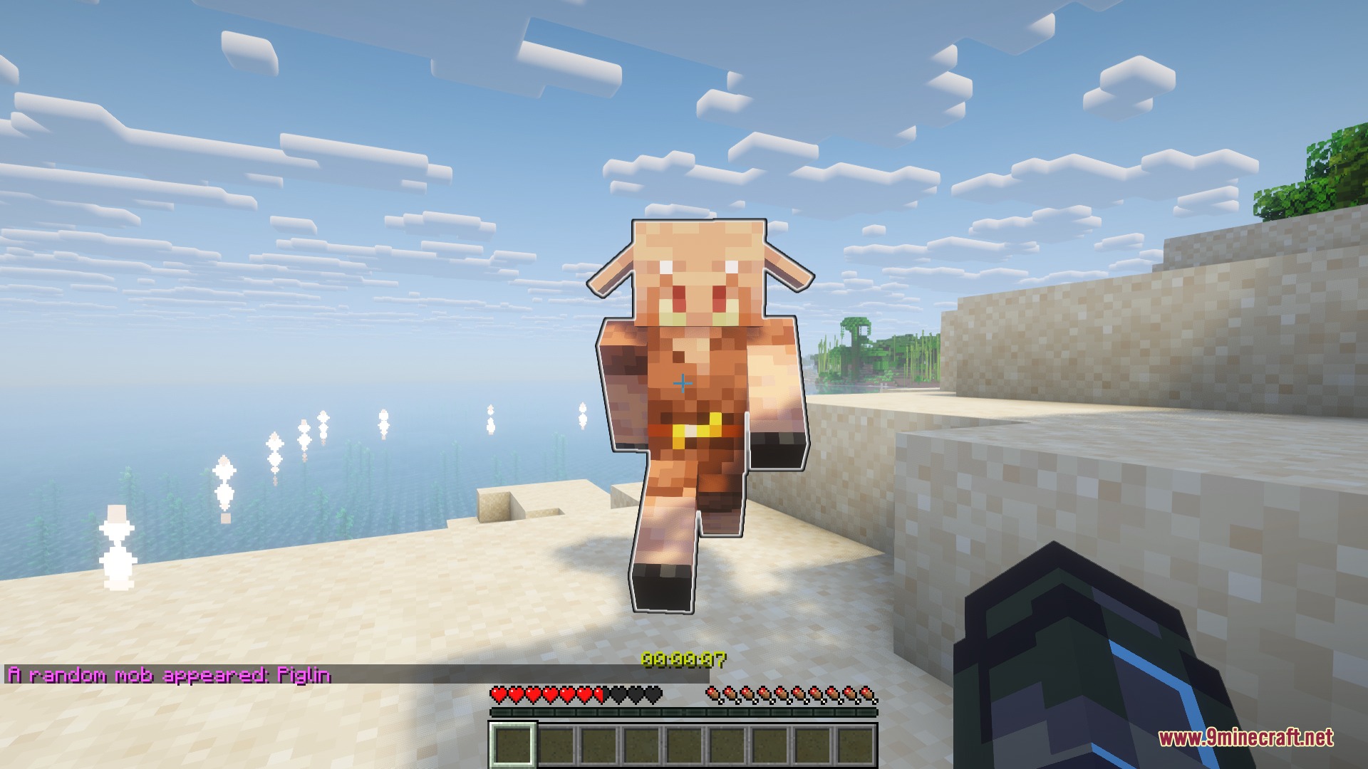 Gauntlet Grid Prime Mod Screenshot 4 A piglin mob appears on a sandy beach during a random challenge run