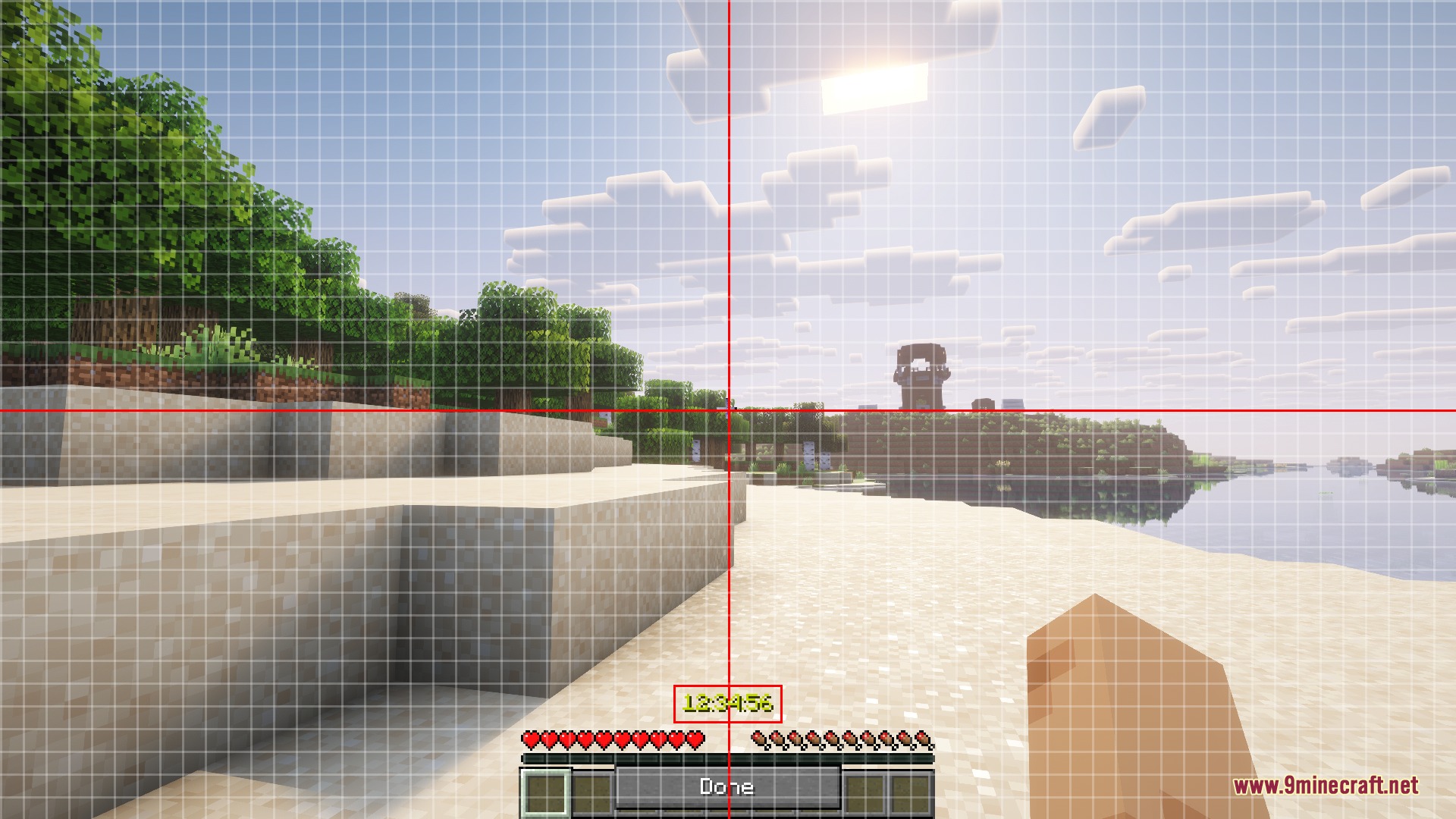 Gauntlet Grid Prime Mod Screenshot 5 A player configures a timer and grid overlay over a Minecraft landscape