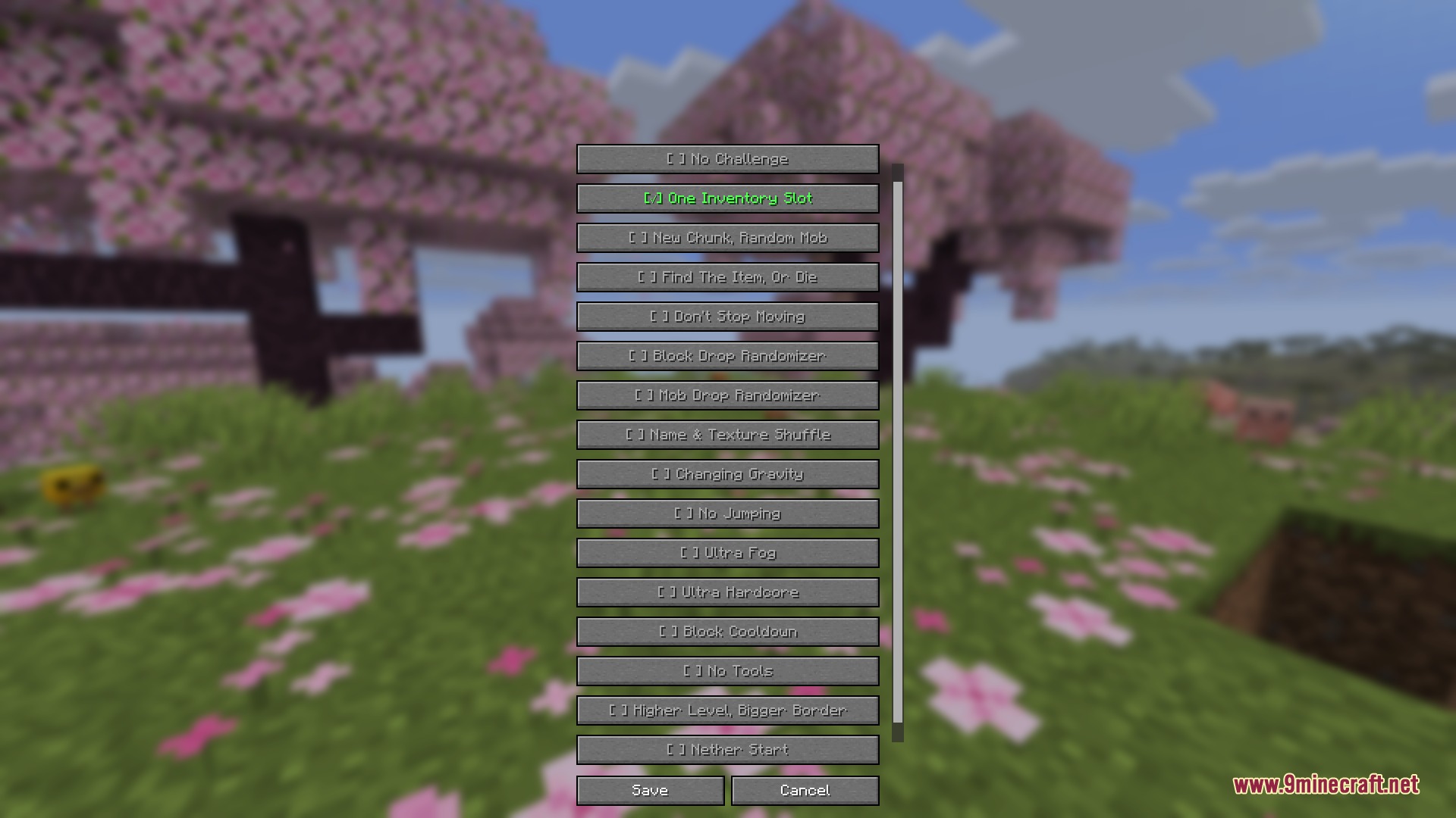 Gauntlet Grid Prime Mod Screenshot 6 A menu screen showing various survival challenges in a cherry blossom biome