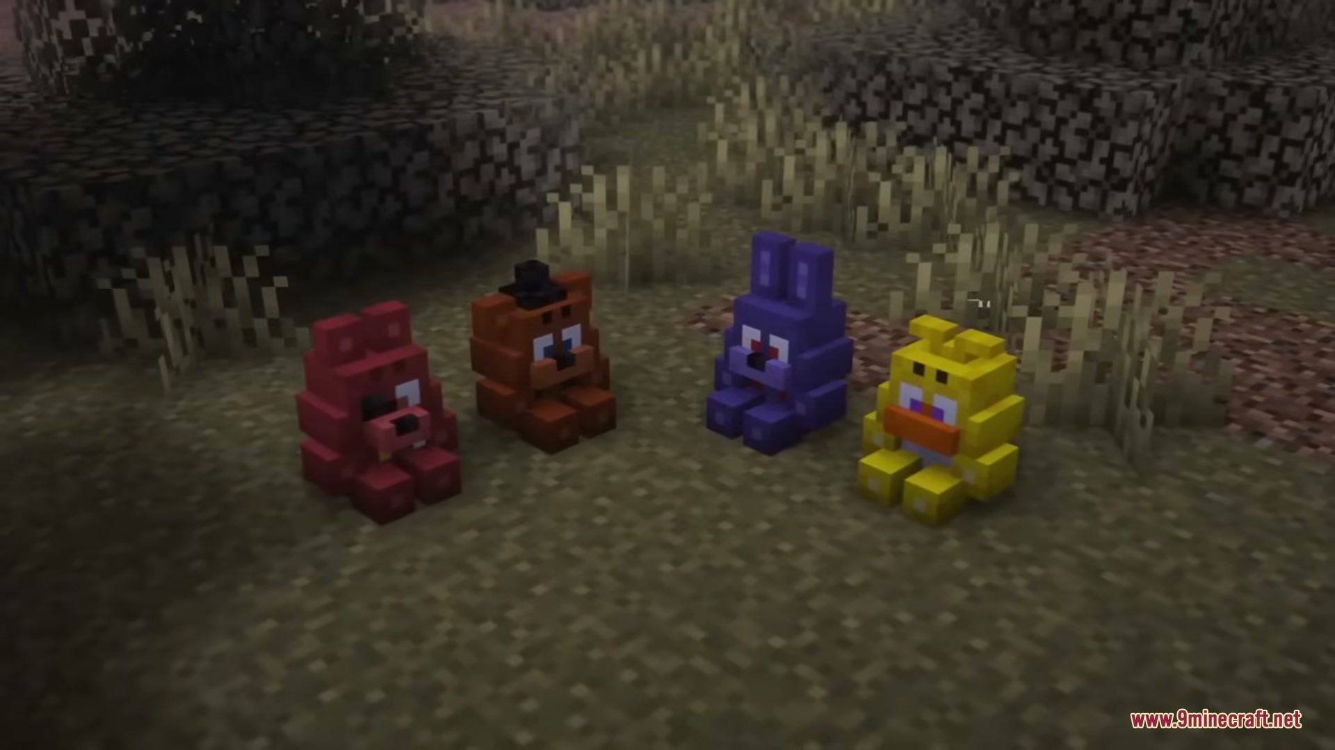 Generic FNAF Modification Mod Screenshot 12 Four colorful animatronic plush toys sitting on the ground in Minecraft