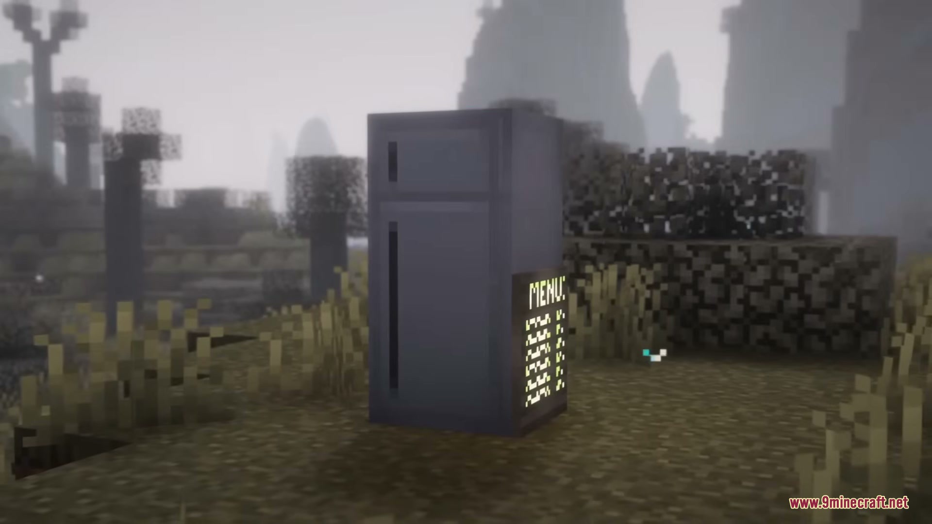Generic FNAF Modification Mod Screenshot 13 A gray refrigerator with a menu sign stands in a foggy Minecraft landscape