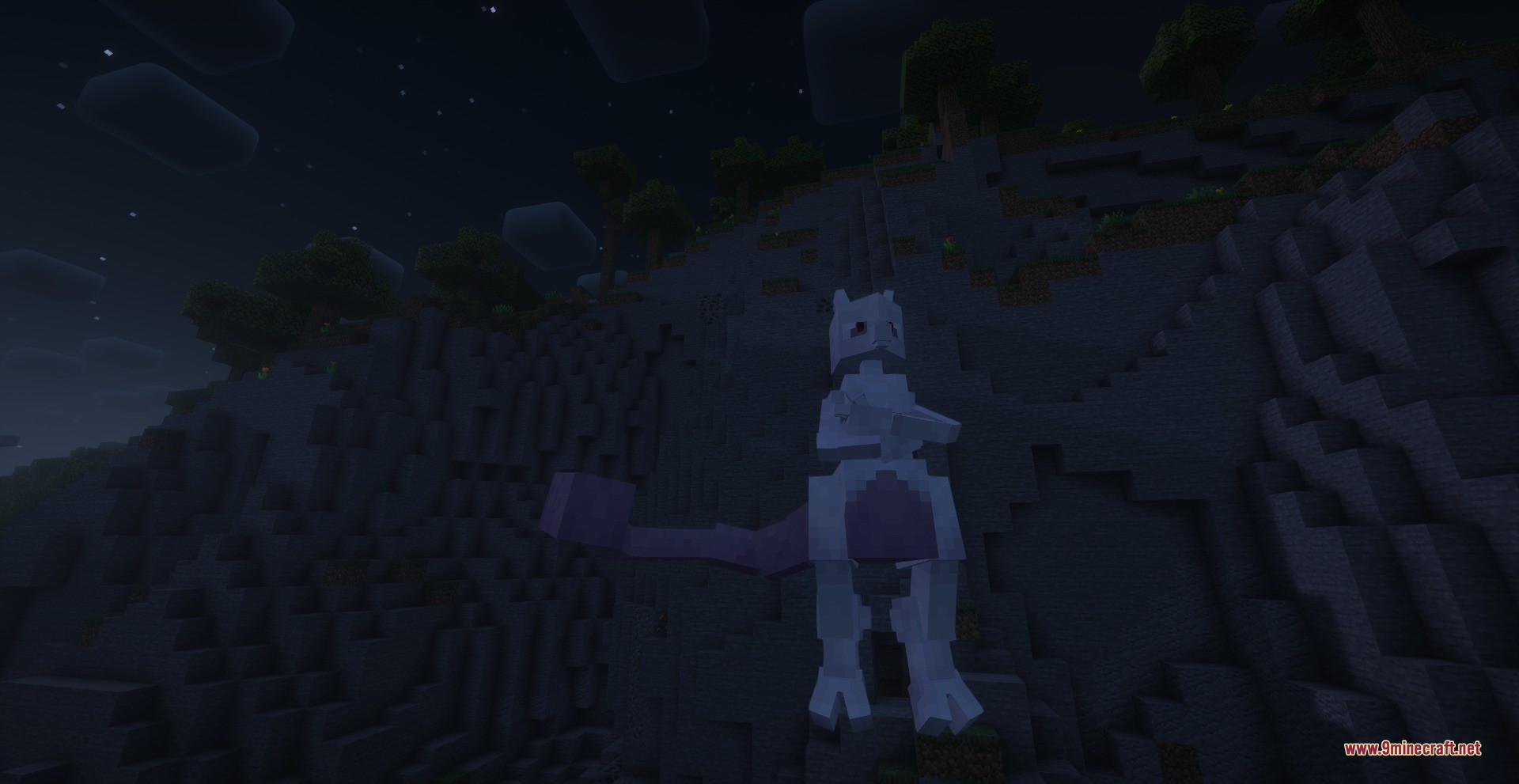 A redesigned Mewtwo model stands on a dark hillside during the night