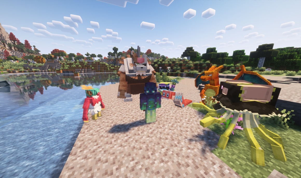 Player character posing with several custom monsters on a sunny sandy beach