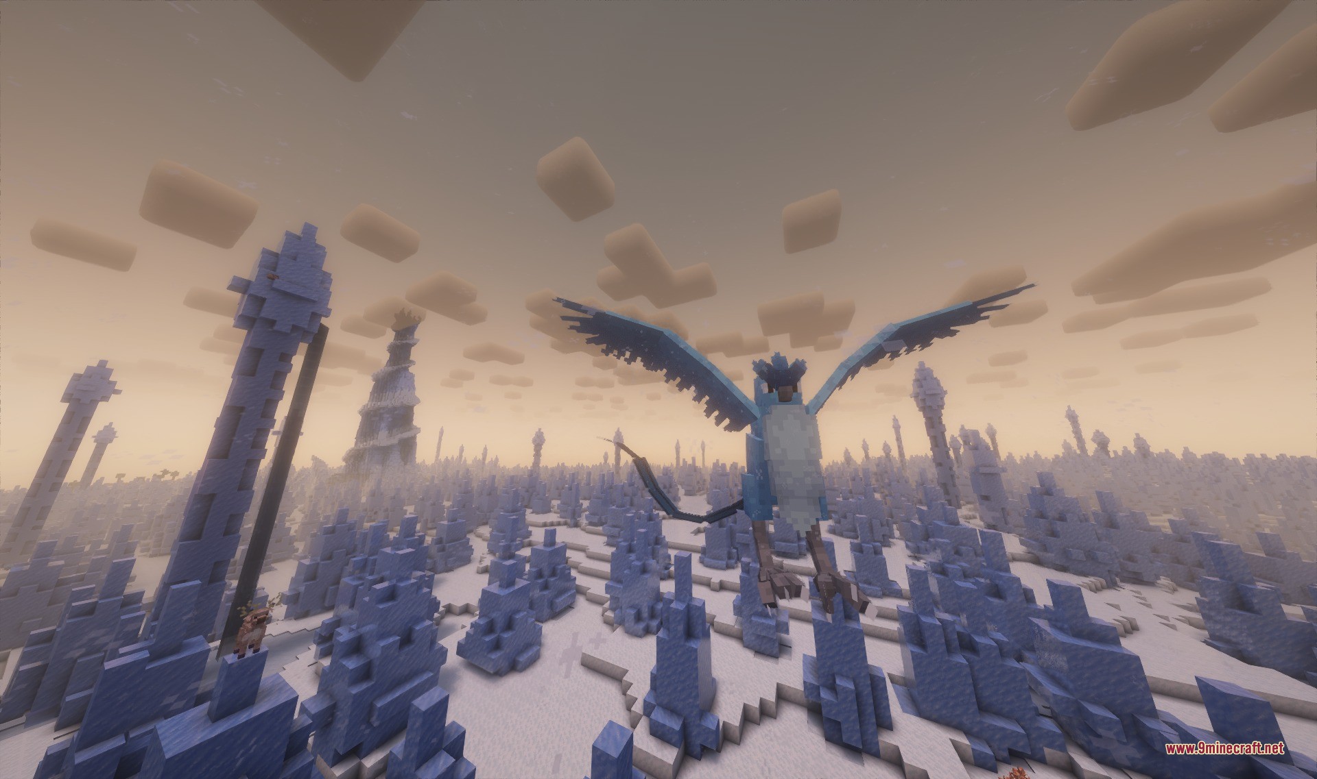 Updated Articuno model flies over a snowy ice spikes biome in Minecraft