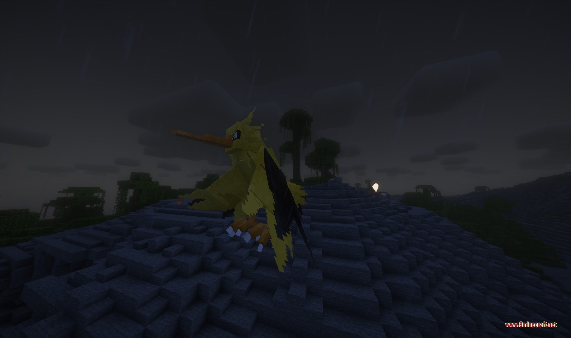 Updated Zapdos model stands on a dark hill during a rainy night