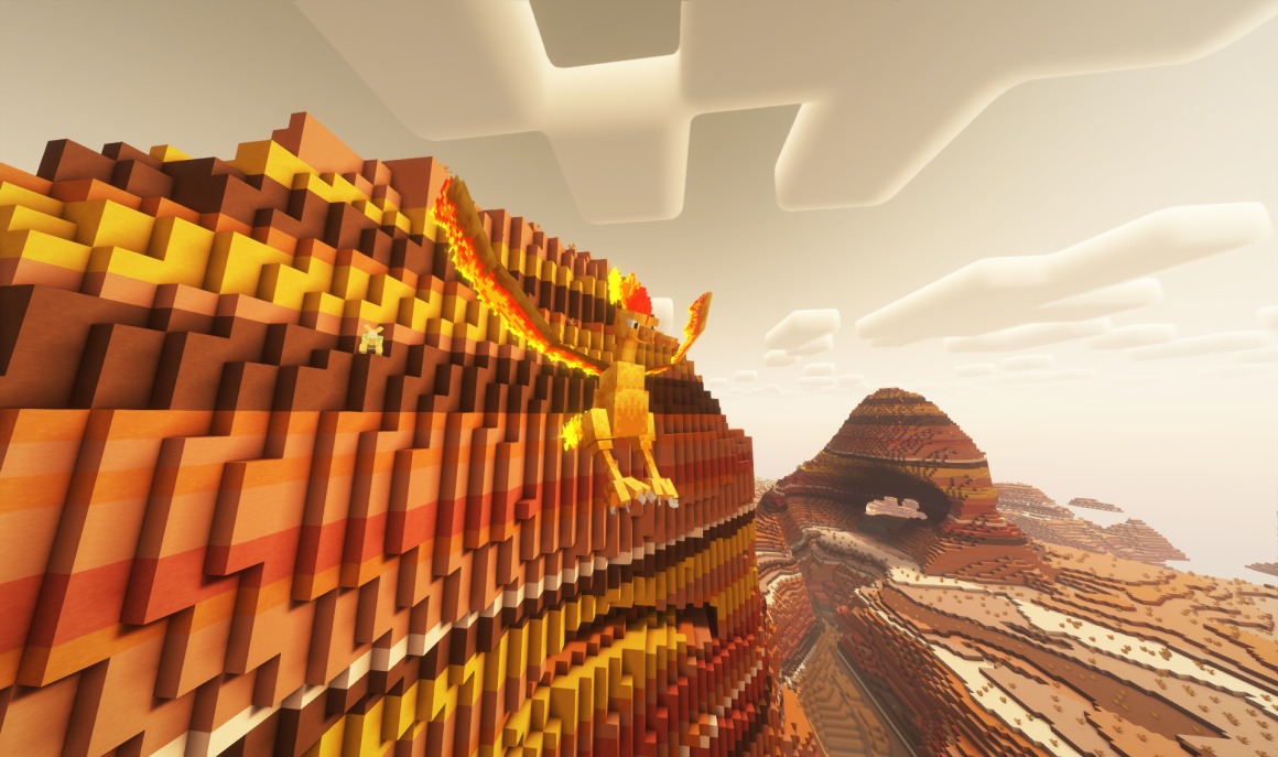 A majestic fire bird flying over a colorful badlands biome at sunset