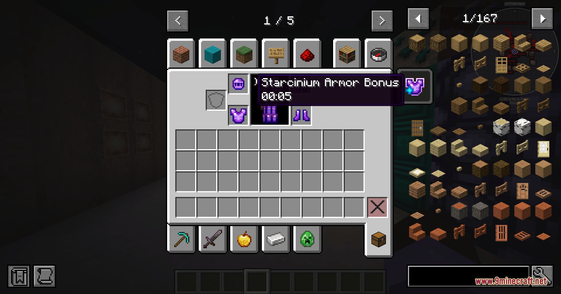 Geo Smelt Reforged Mod Screenshot 1 Inventory UI showing the Starcinium armor set with a special status effect tooltip