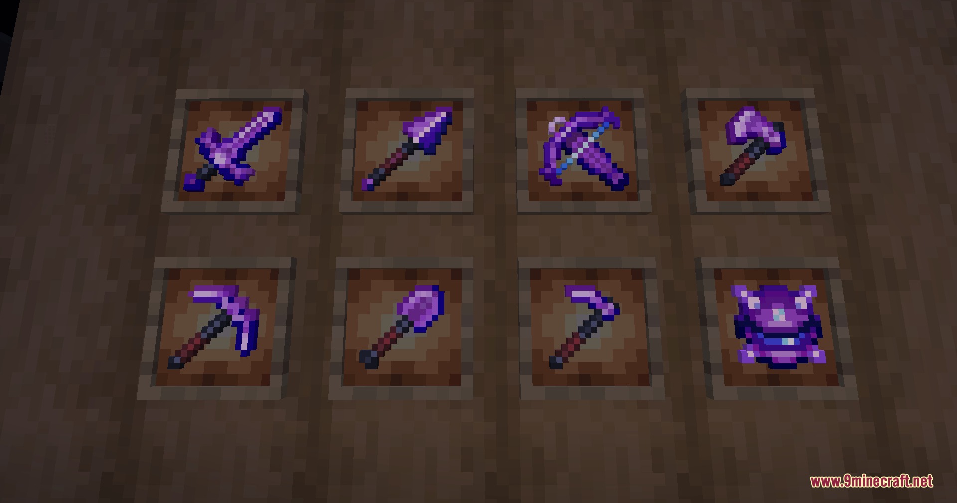 Geo Smelt Reforged Mod Screenshot 5 Powerful purple gear from Geo Smelt Reforged displayed in item frames