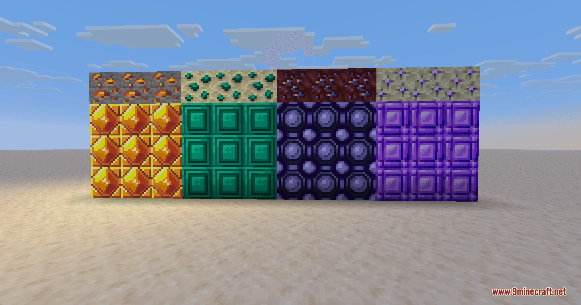 Geo Smelt Reforged Mod Screenshot 6 Four columns of new ores and matching decorative blocks in a desert