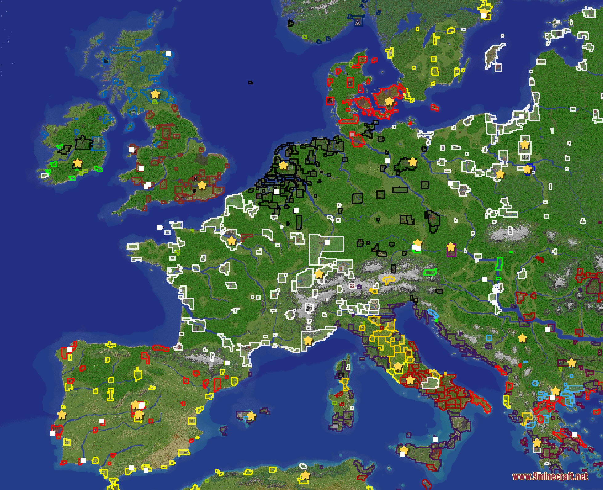 Geopolitical Radar Extension Mod Screenshot 1 Minecraft world map of Europe with colored borders representing different towns and nations