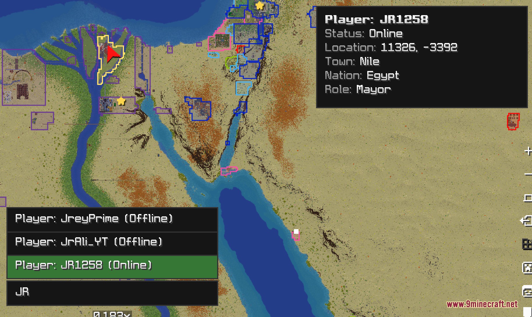 Geopolitical Radar Extension Mod Screenshot 5 A Minecraft map interface displaying town borders and player statistics in Egypt