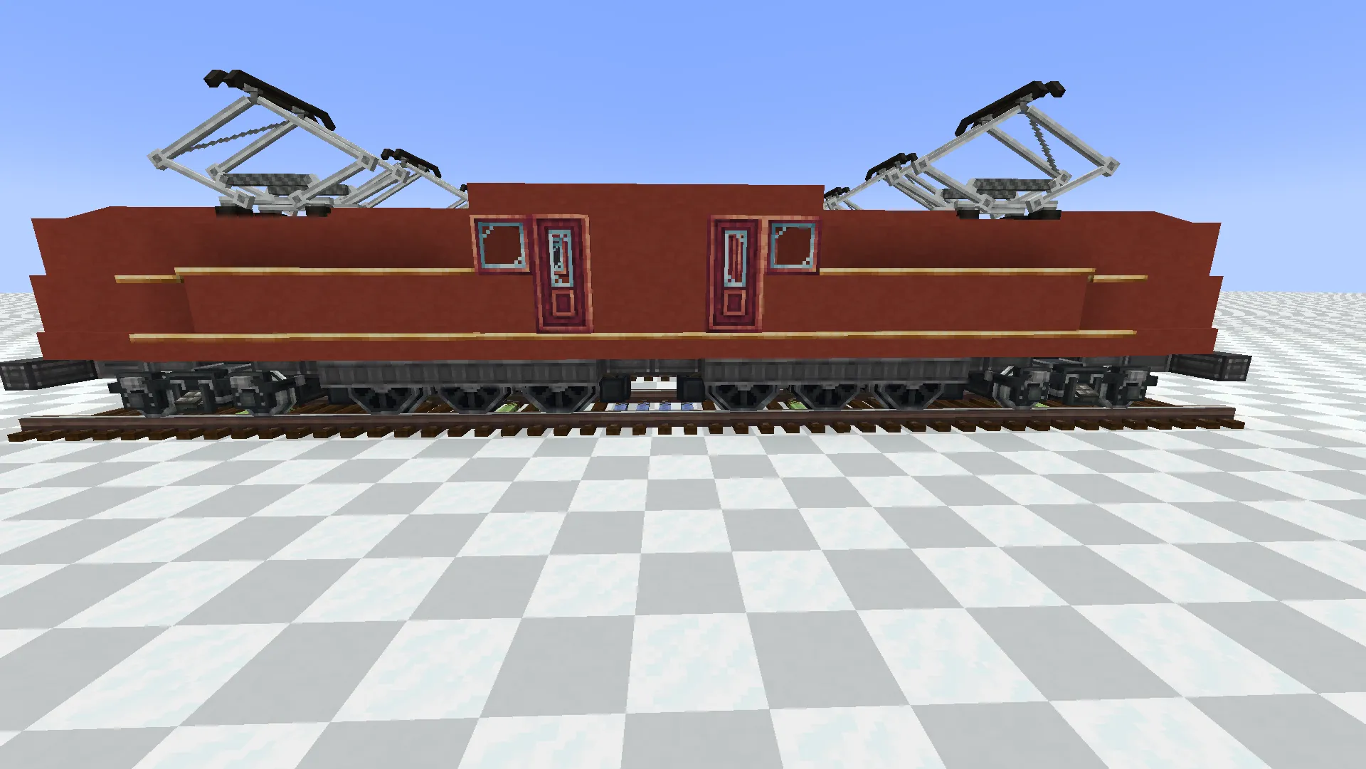Gg1 Locomotive Schematic Screenshots 1 Side profile of a long red electric locomotive on a railway track