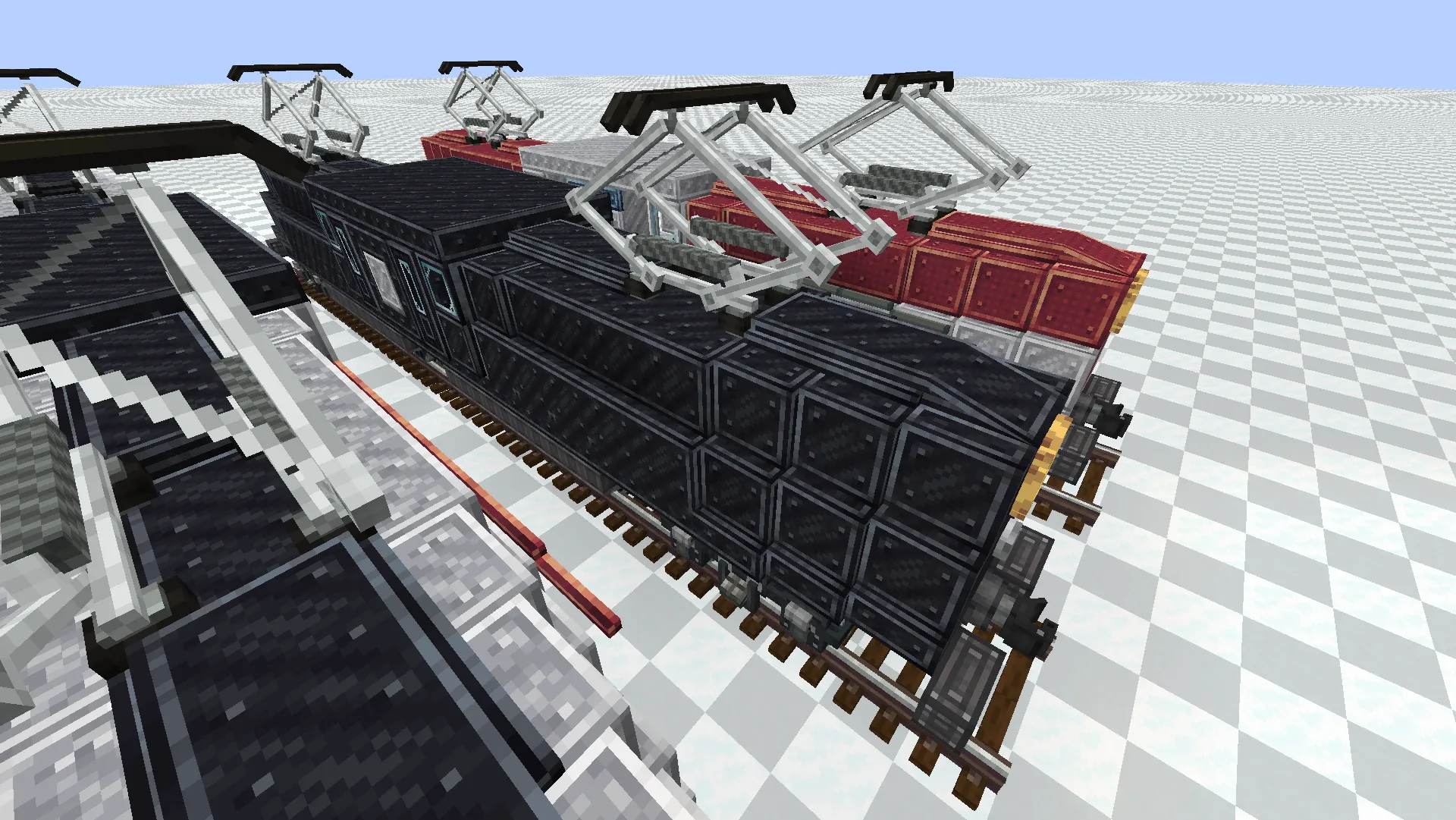 Gg1 Locomotive Schematic Screenshots 4 Two detailed GG1 locomotives in black and red colors on Minecraft tracks
