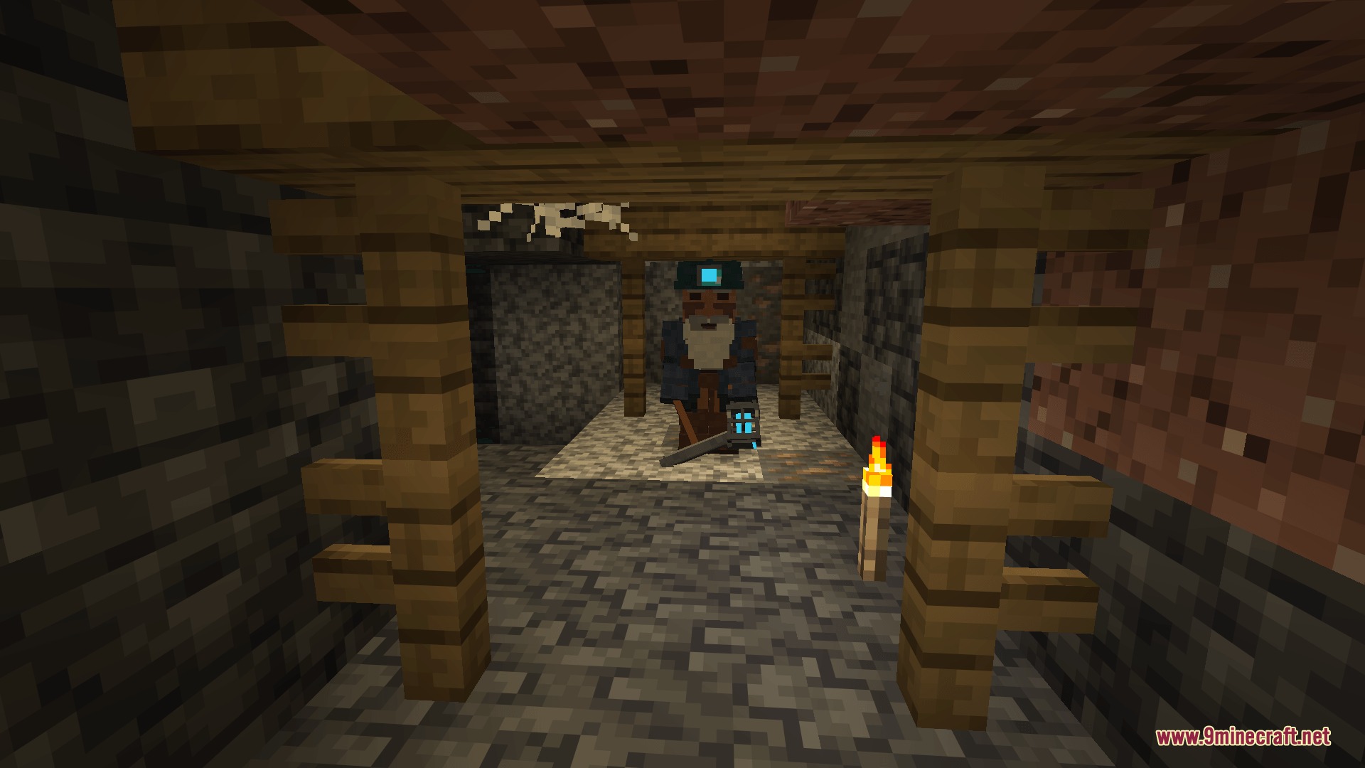Ghostworks Mod Screenshot 2 A miner character stands within a wooden support structure inside a dark mine