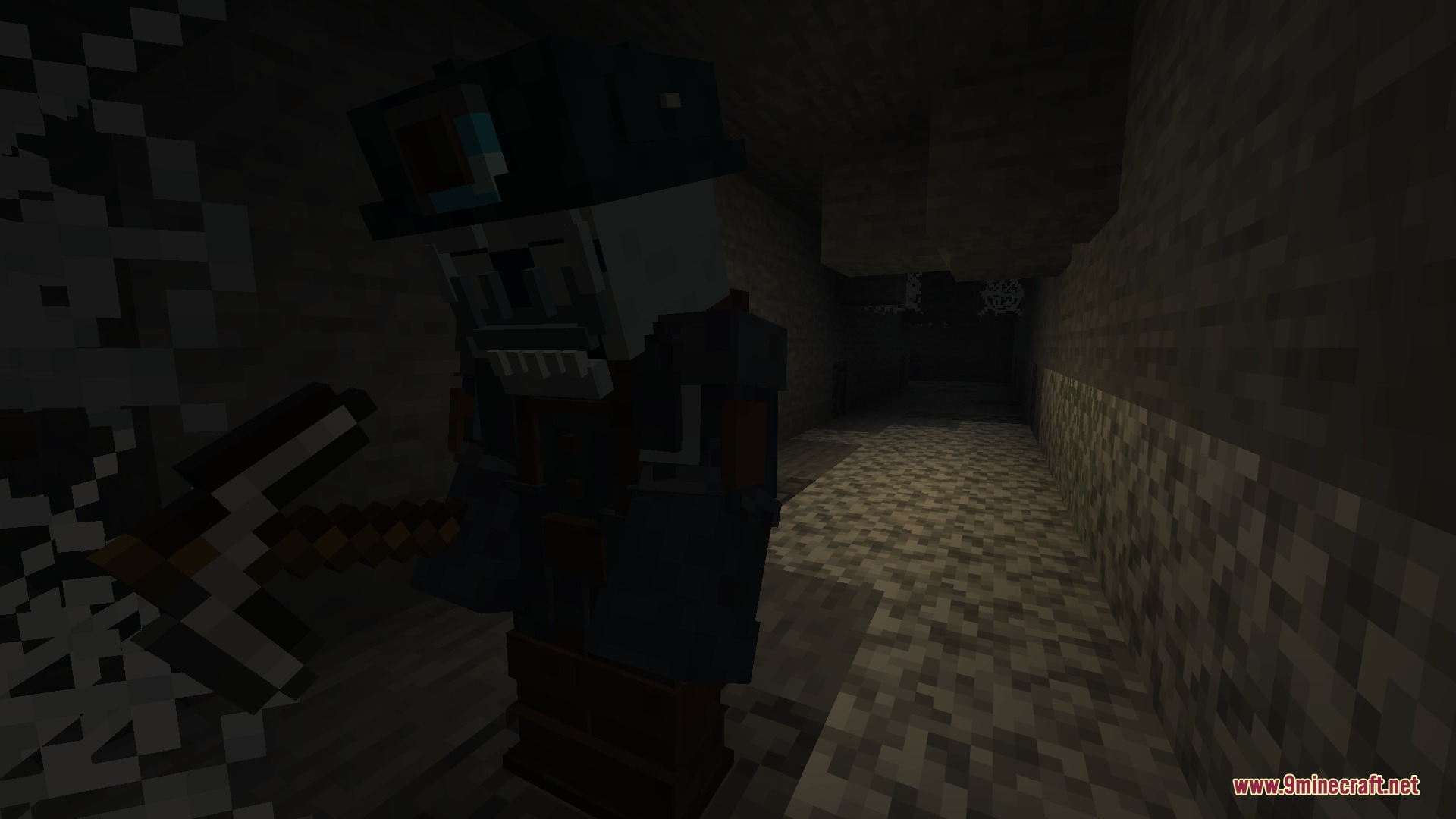 Ghostworks Mod Screenshot 3 A skeleton miner wearing dark armor holds a pickaxe in a dark cave