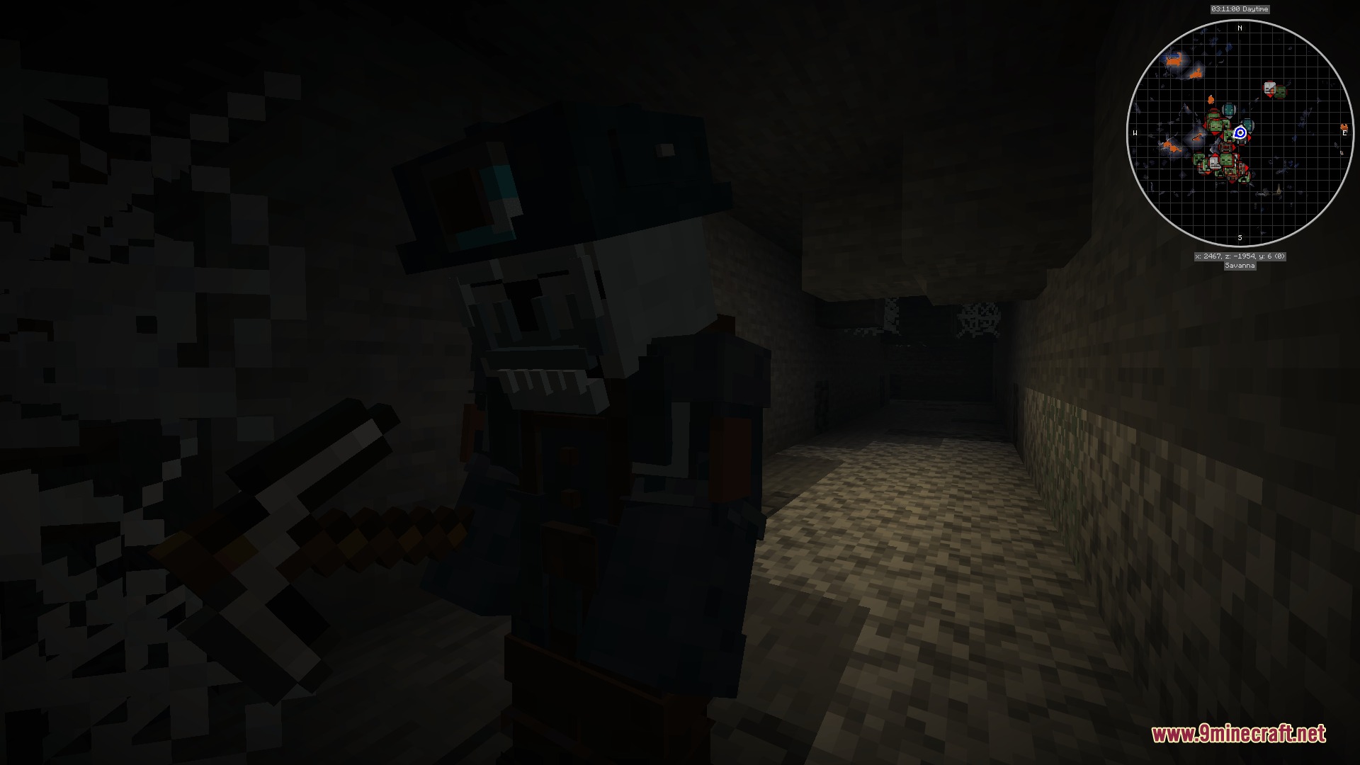 Ghostworks Mod Screenshot 4 A skeleton miner stands in a dark tunnel with a minimap on screen