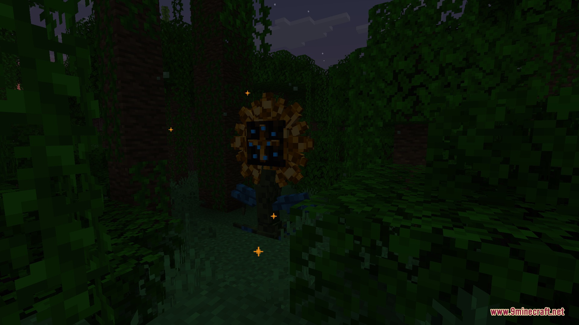 Ghostworks Mod Screenshot 6 A giant glowing sunflower with a blue center stands in the woods