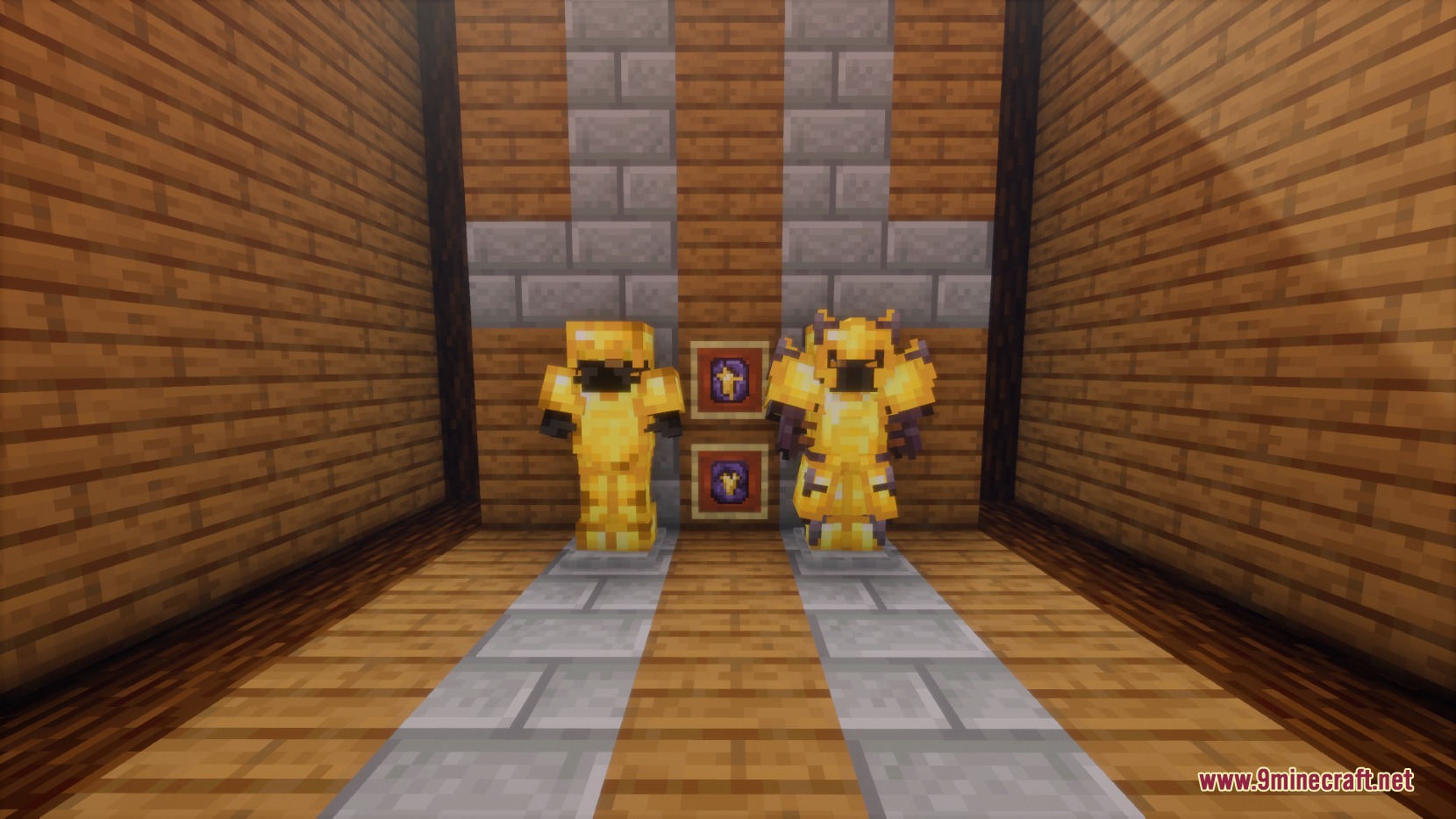 Reinforced gold armor sets from Gilded Bulwark Tiers Mod on armor stands