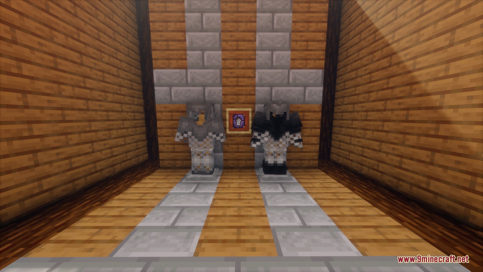 Two armor stands displaying reinforced iron and netherite armor sets inside a room