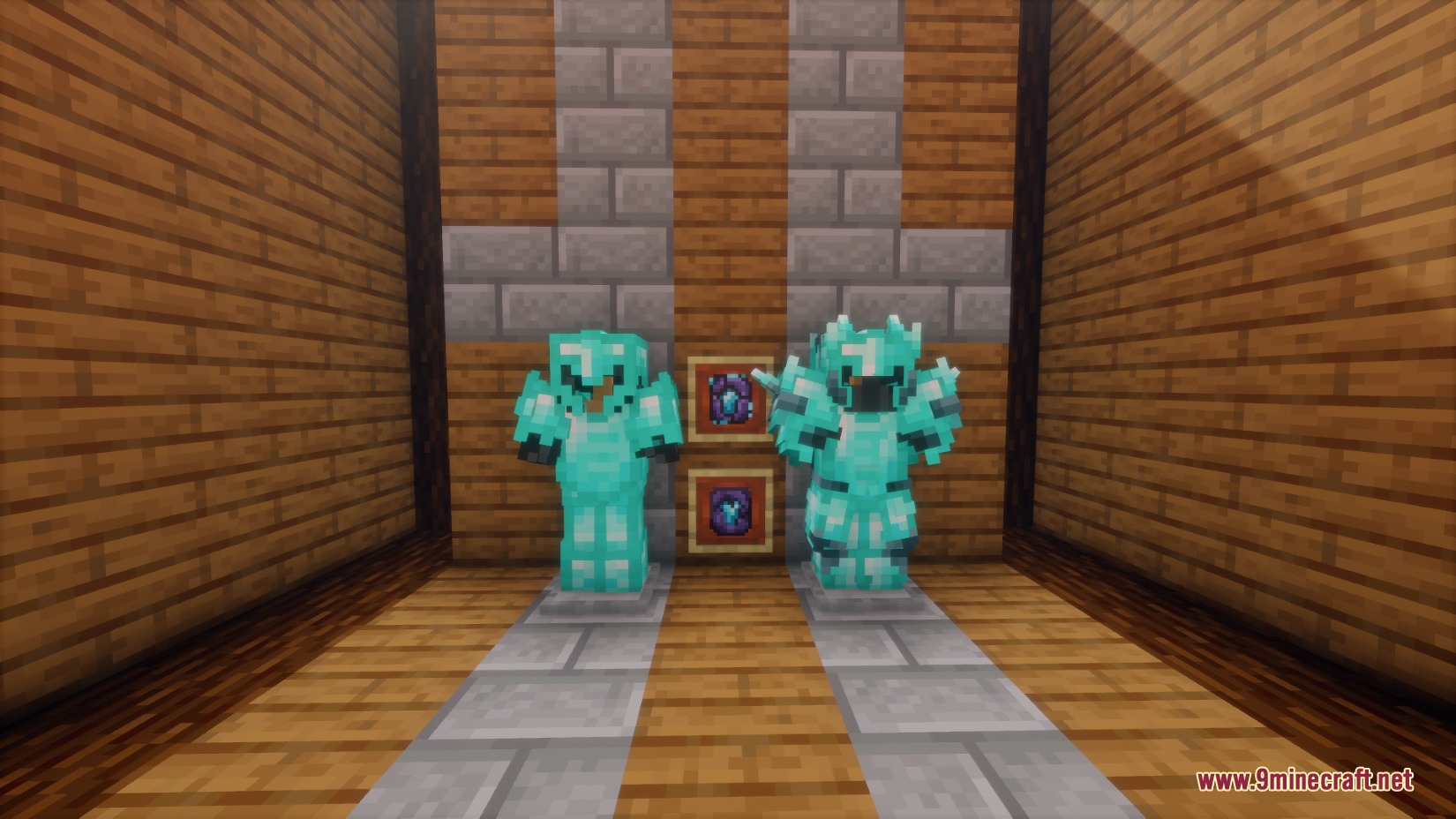 Two armor stands showcasing upgraded diamond armor sets with unique reinforced designs