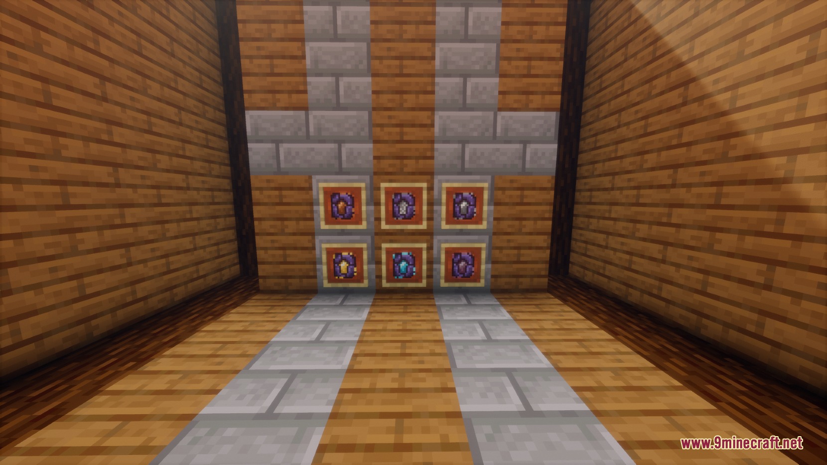 Six reinforced armor chestplates displayed in item frames on a wooden wall