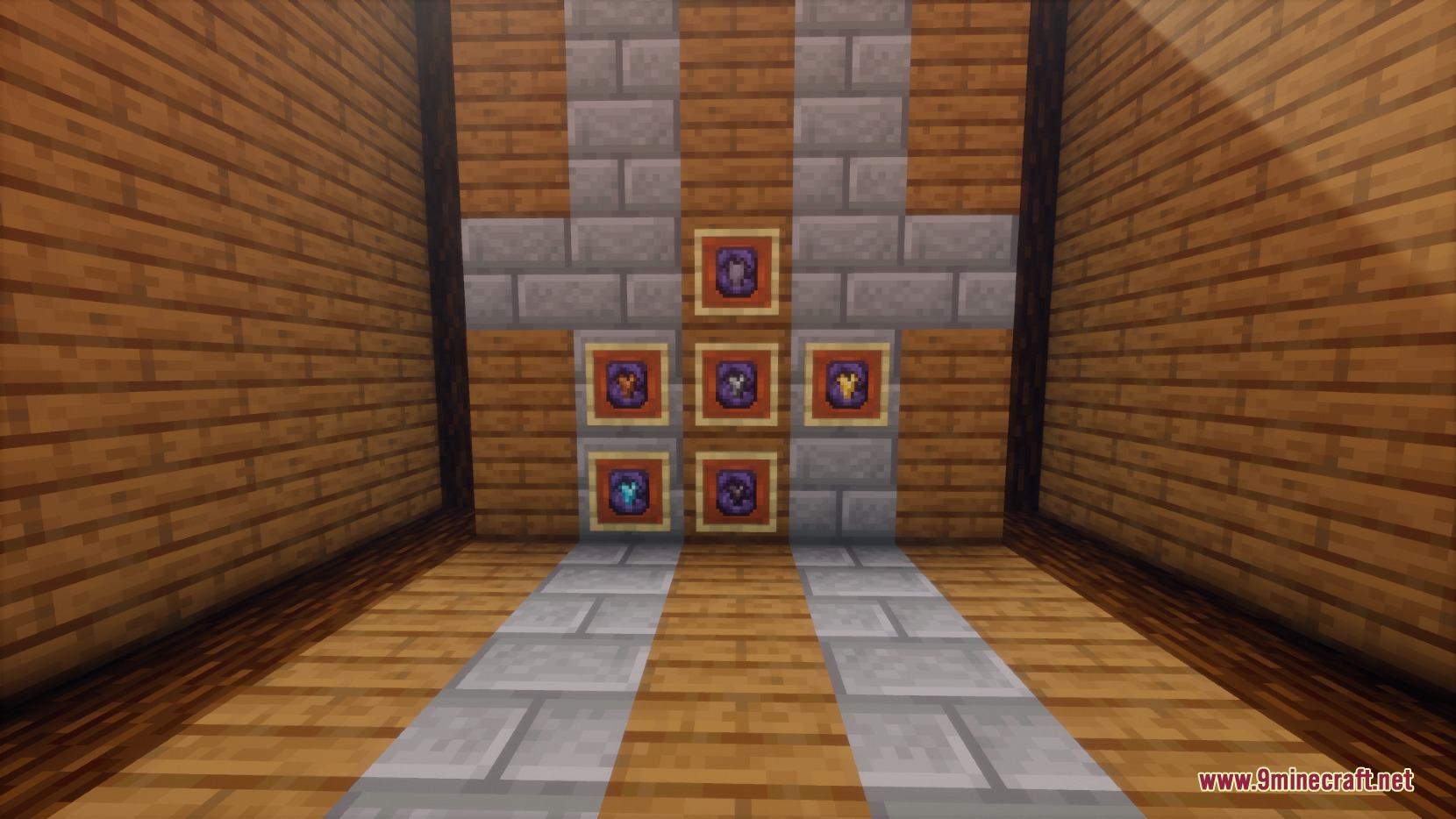 Reinforced armor chestplates displayed in a cross pattern on a decorated wall