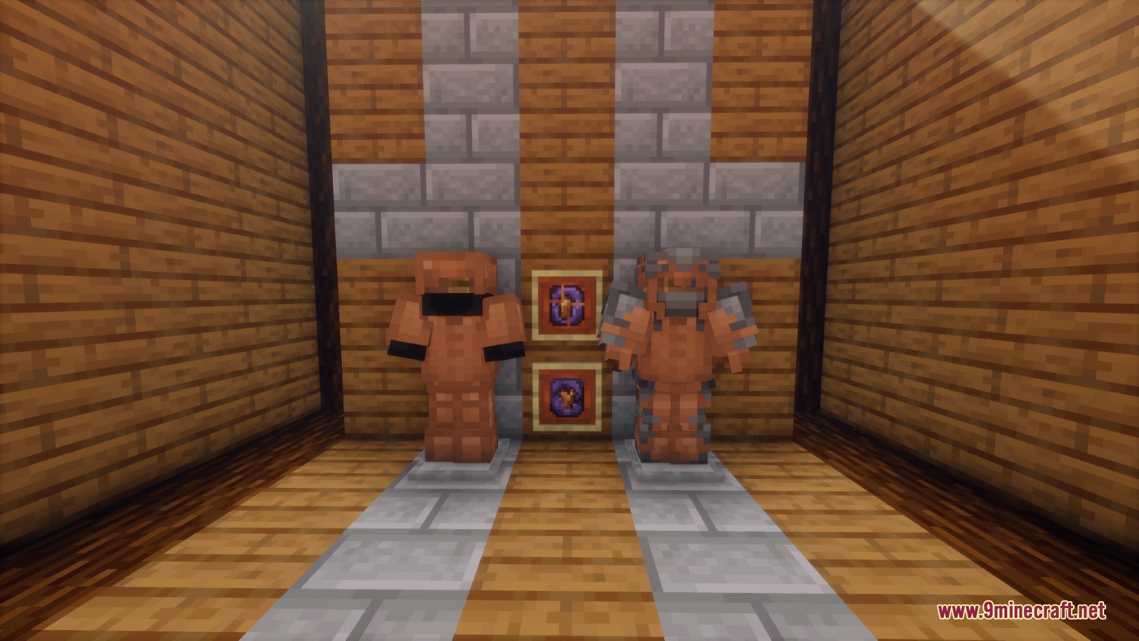 Two tiers of reinforced copper armor displayed on stands with upgrade items