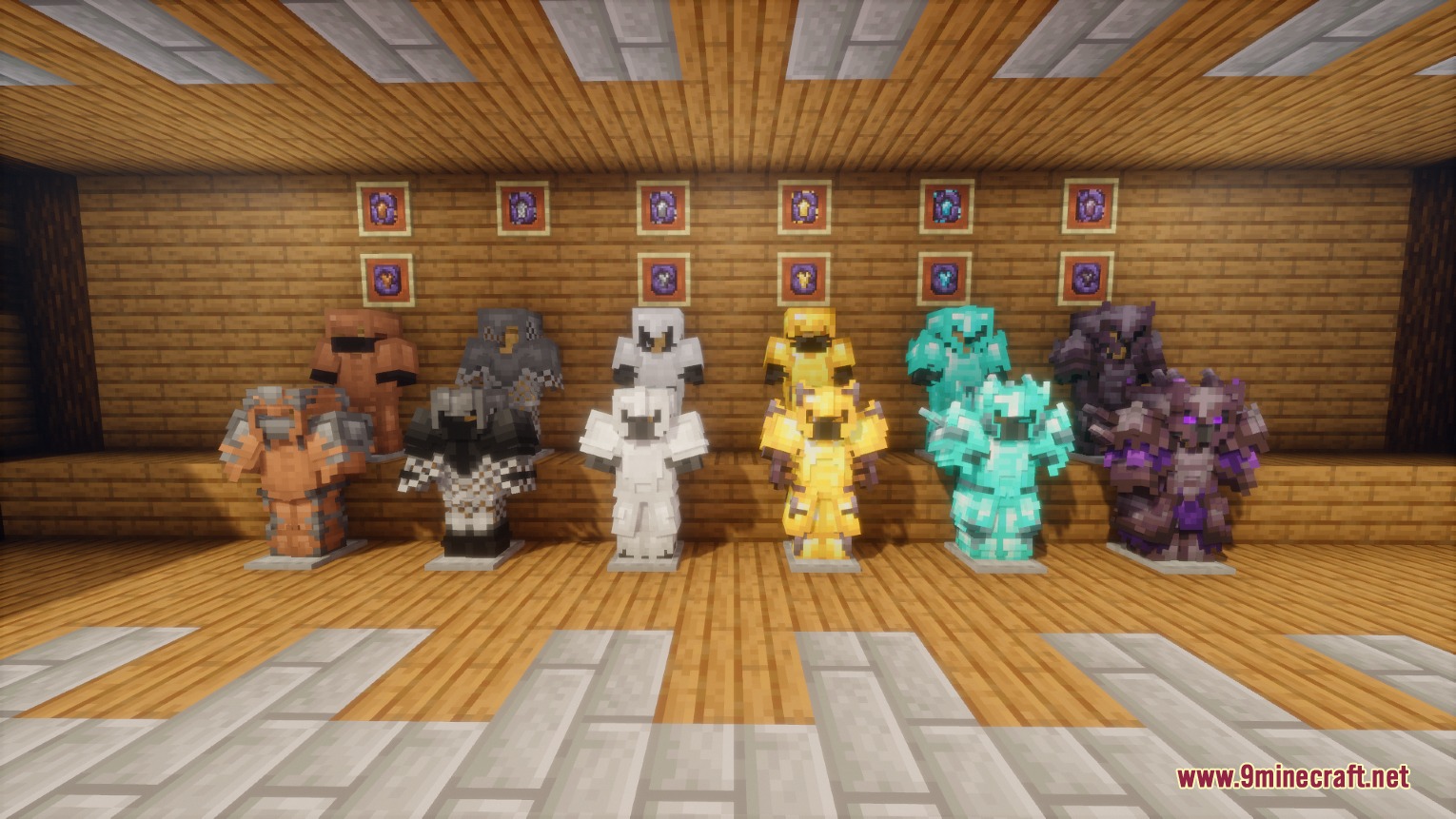 Various reinforced armor sets from different materials showcased on stands in a room