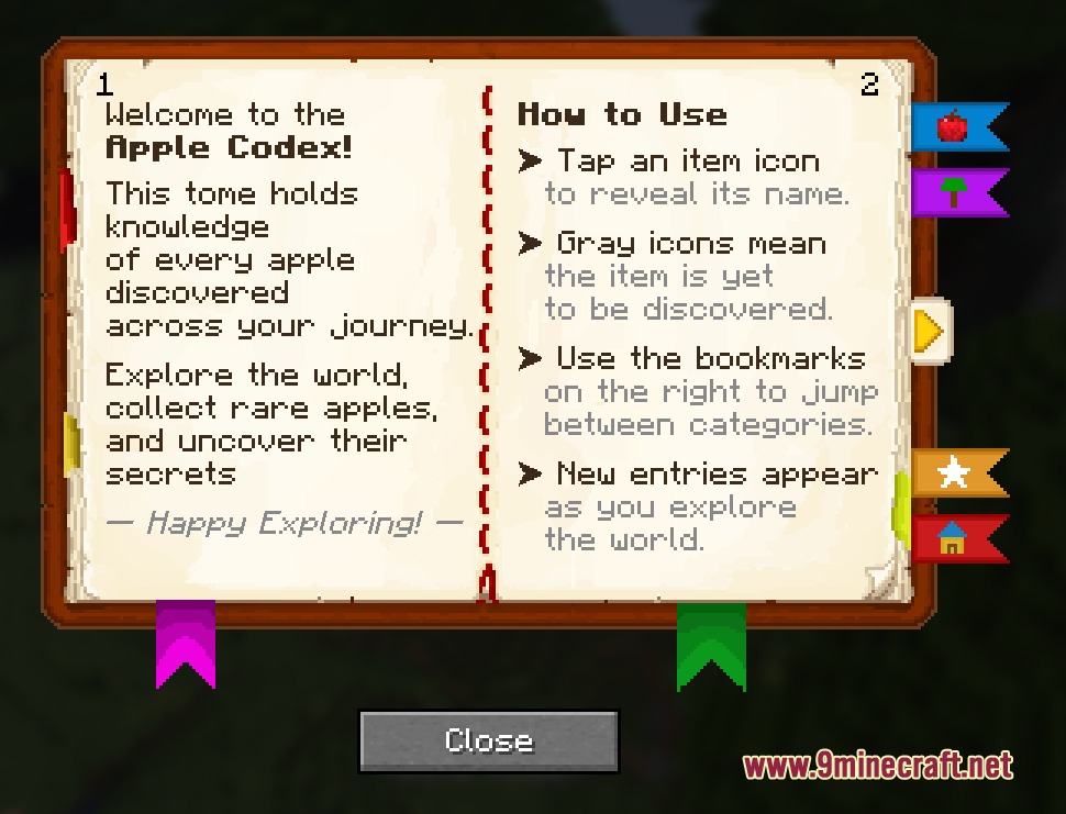Gilded Orchard Harvest Mod Screenshot 1 The Apple Codex interface from Gilded Orchard Harvest Mod showing instructions and bookmarks