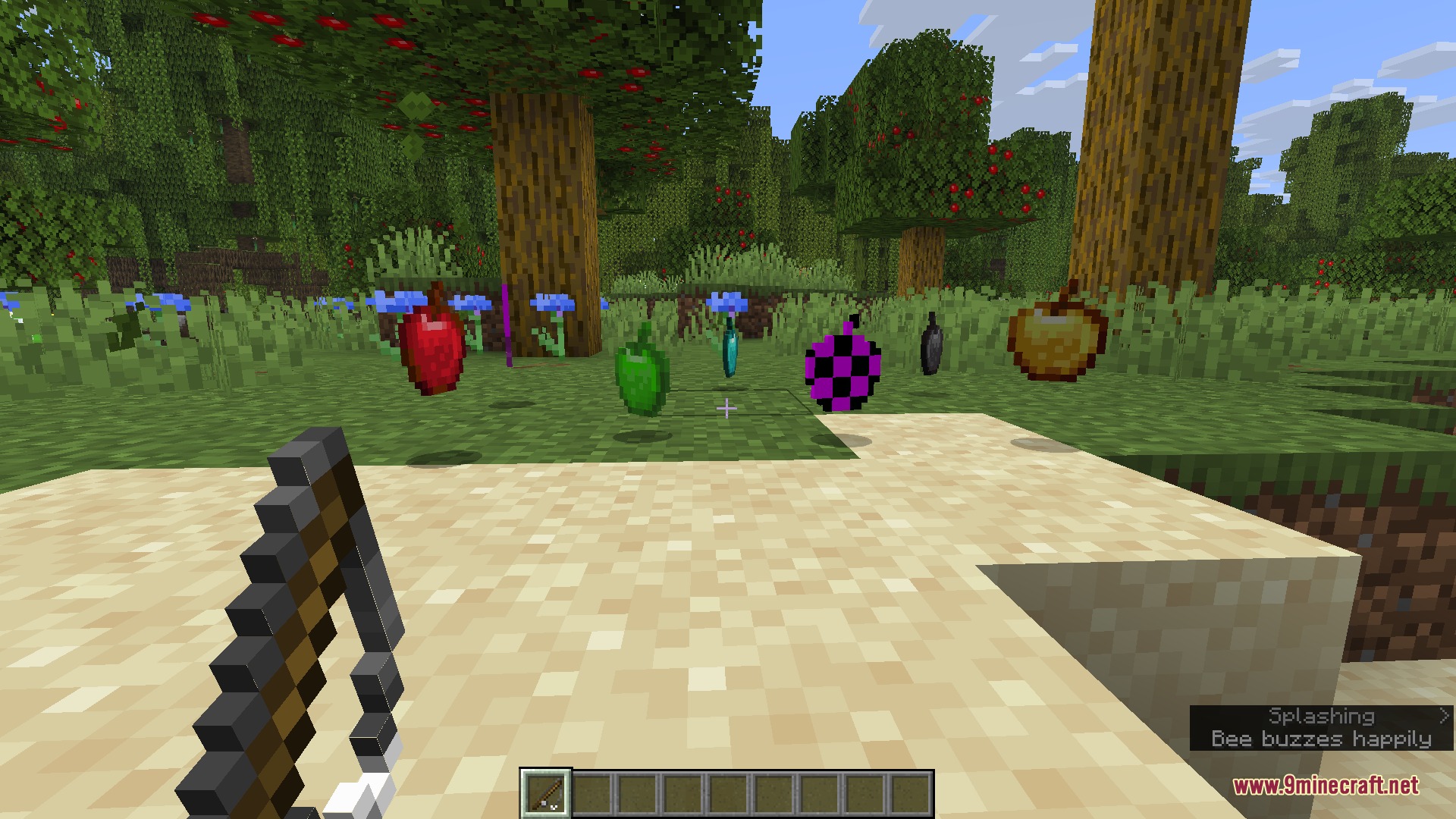 Gilded Orchard Harvest Mod Screenshot 4 A player holding a fishing rod near several colorful custom enchanted apples