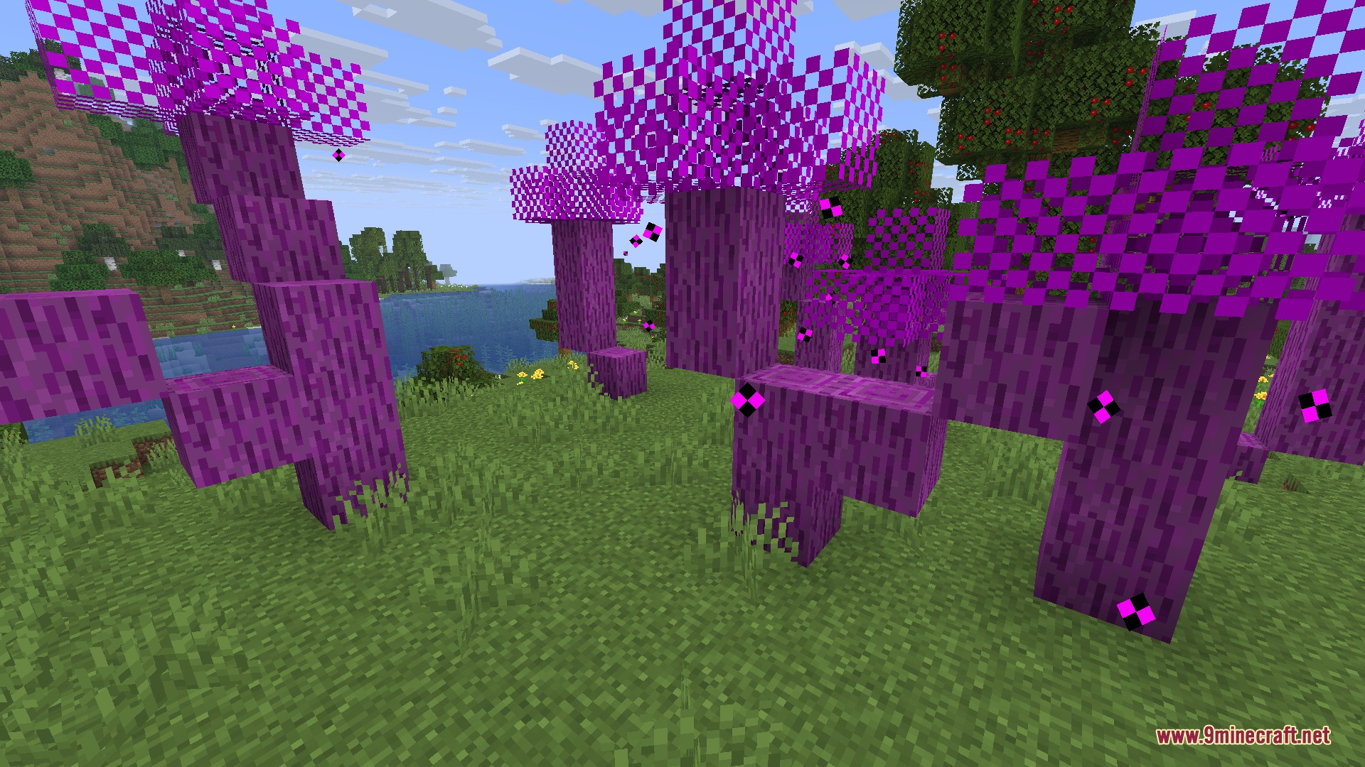 Gilded Orchard Harvest Mod Screenshot 5 Purple trees with missing texture blocks standing in a green grassy field