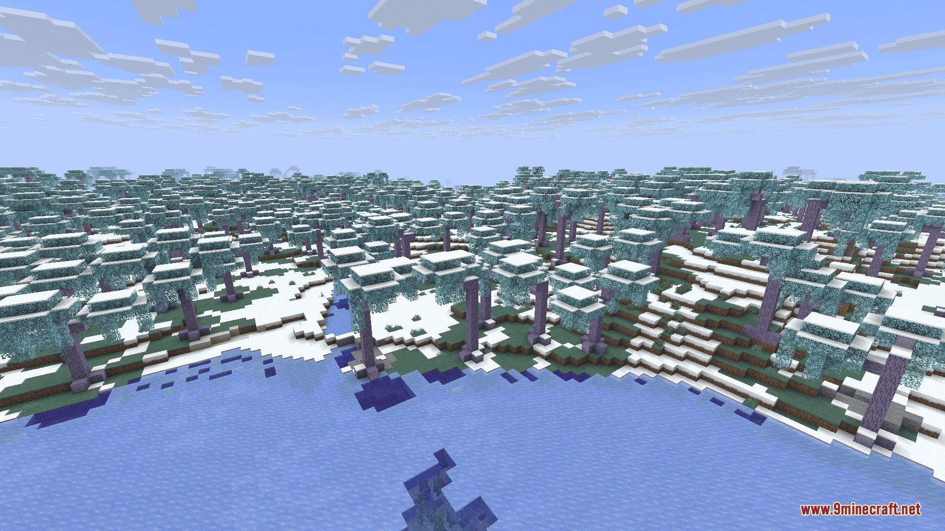 Gilded Orchard Harvest Mod Screenshot 6 A vast snowy forest filled with purple trees in the Frosty Apple biome