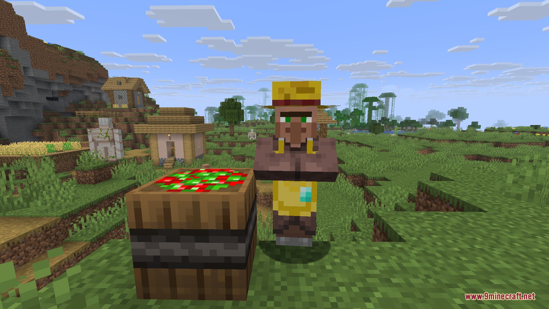 Gilded Orchard Harvest Mod Screenshot 7 A farmer villager standing next to a wooden apple barrel in a village