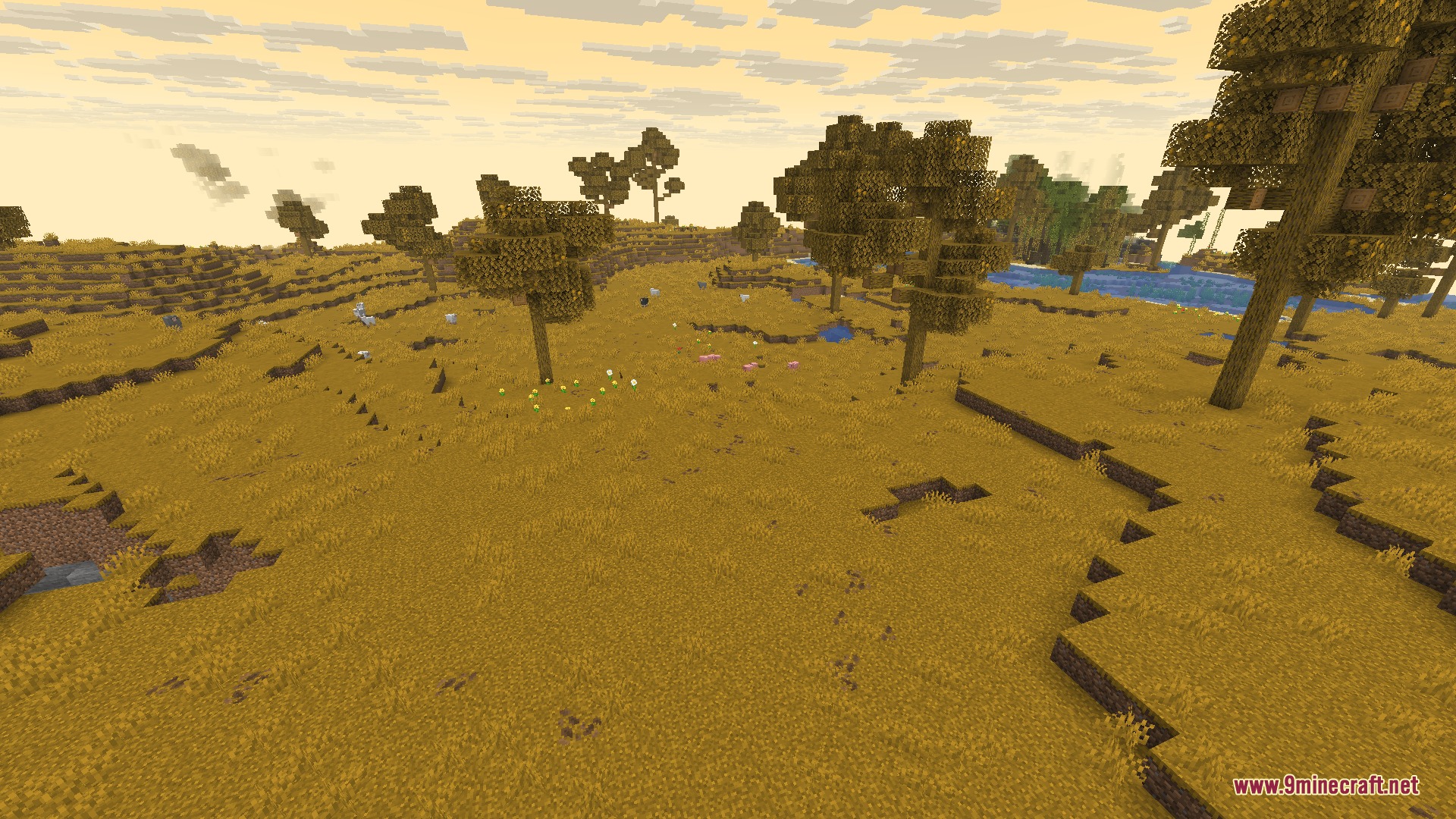 Gilded Orchard Harvest Mod Screenshot 8 A vast landscape of the golden apple orchard biome with yellow grass