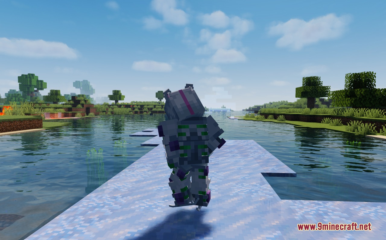 Glacial Suite Mastery Mod Screenshot 2 A player wearing ice armor walking on a frozen path over the water