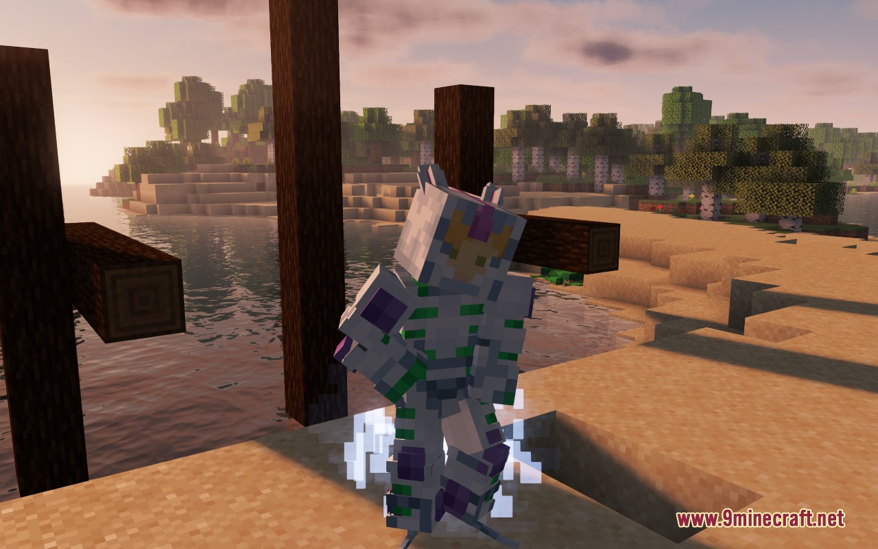 Glacial Suite Mastery Mod Screenshot 3 A Minecraft player wearing the White Album Stand armor at sunset beach