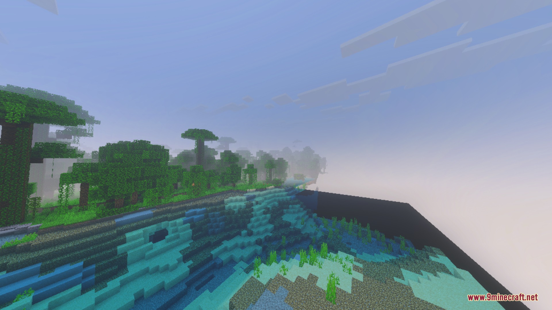 Glimmering Armor Trims Copper Age Shader Screenshot 1 A hazy jungle landscape next to a blue ocean with green seagrass visible