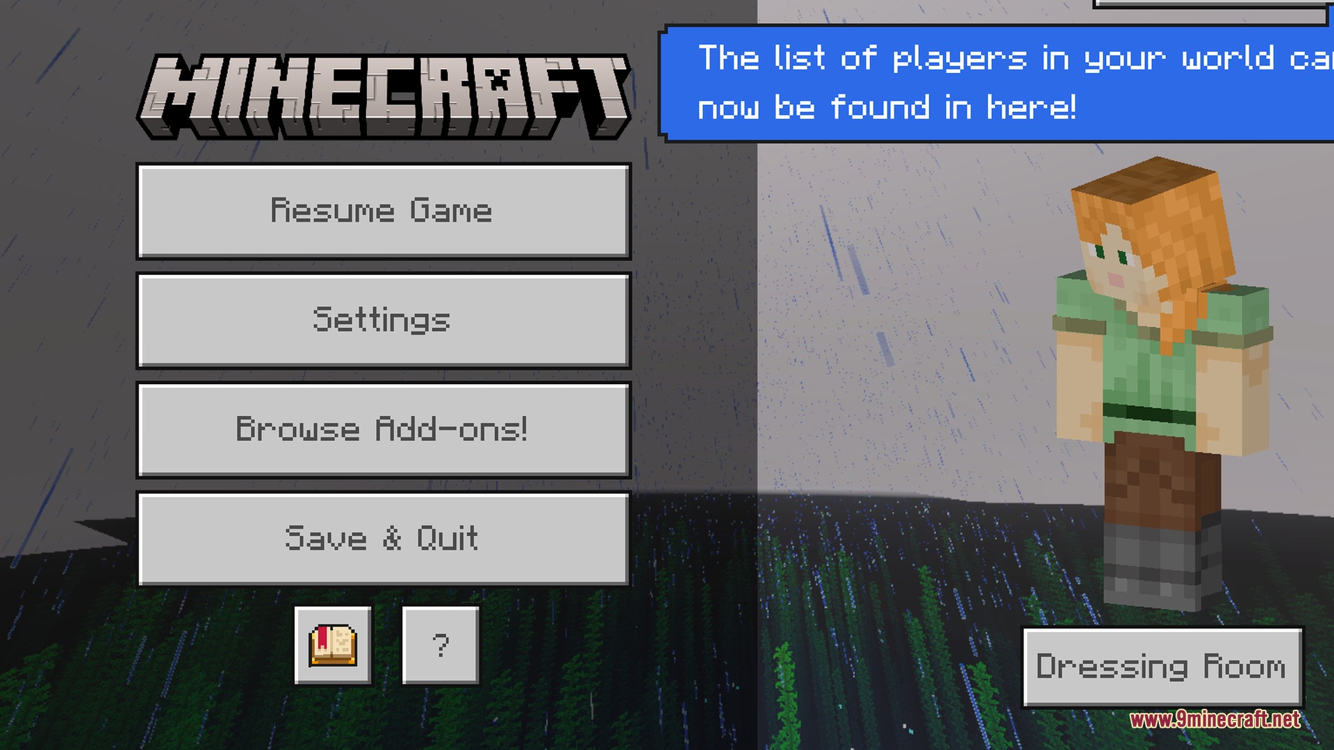 Glimmering Armor Trims Copper Age Shader Screenshot 10 Minecraft pause menu screen displaying Alex standing in the rain at night