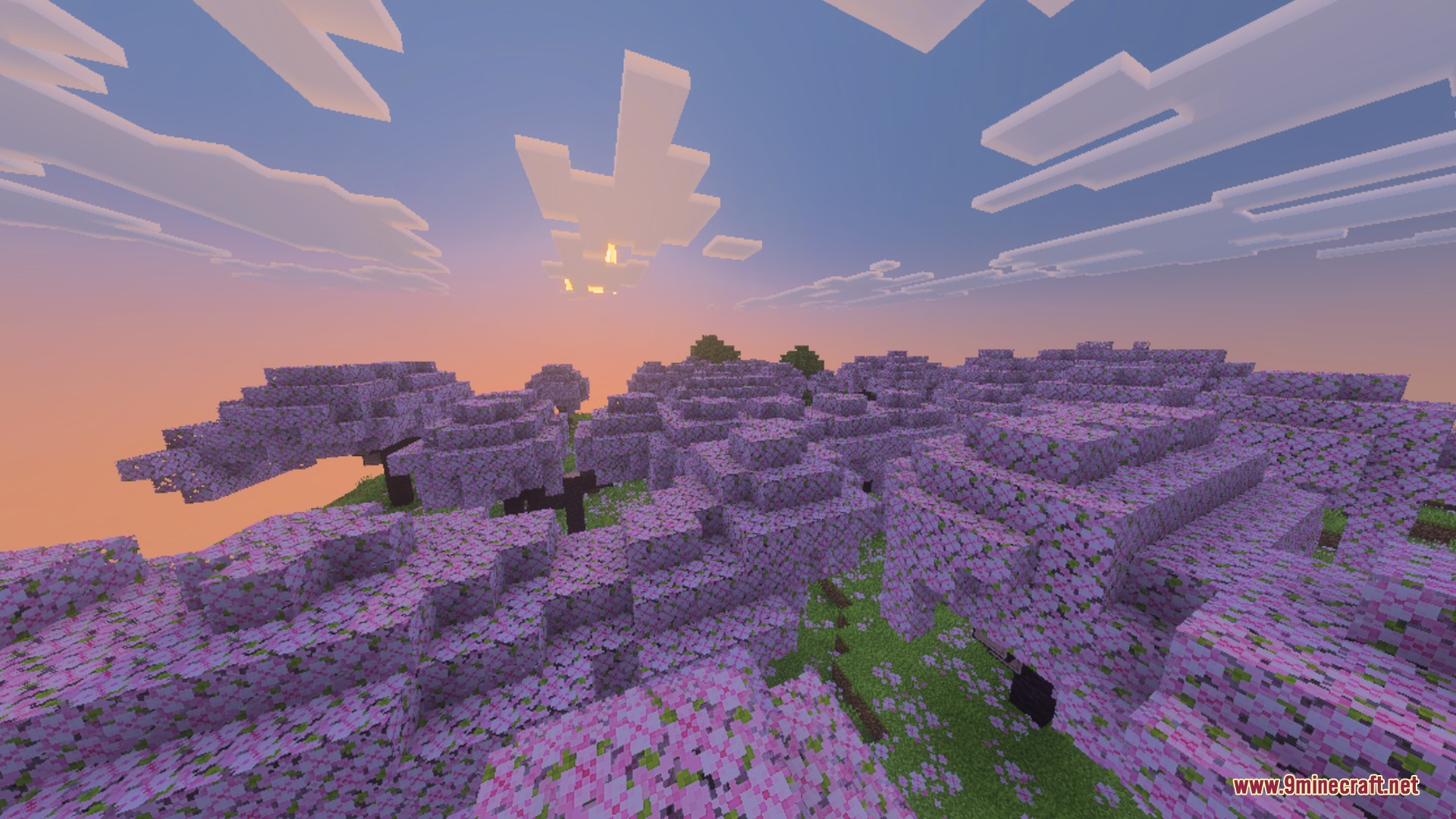Glimmering Armor Trims Copper Age Shader Screenshot 2 A vast cherry blossom grove under a warm sunset with blocky white clouds