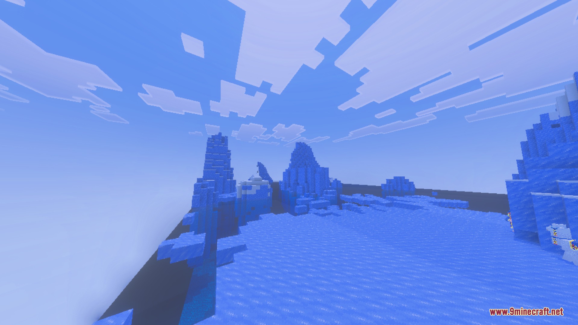 Glimmering Armor Trims Copper Age Shader Screenshot 3 A vast frozen landscape featuring tall ice spikes under a bright blue sky