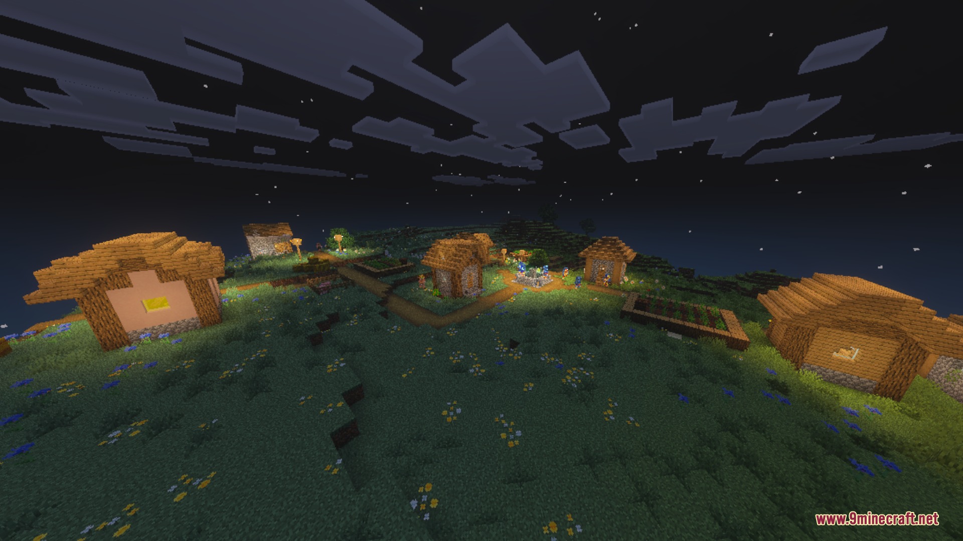 Glimmering Armor Trims Copper Age Shader Screenshot 4 A small Minecraft village illuminated by warm lanterns during a clear starry night