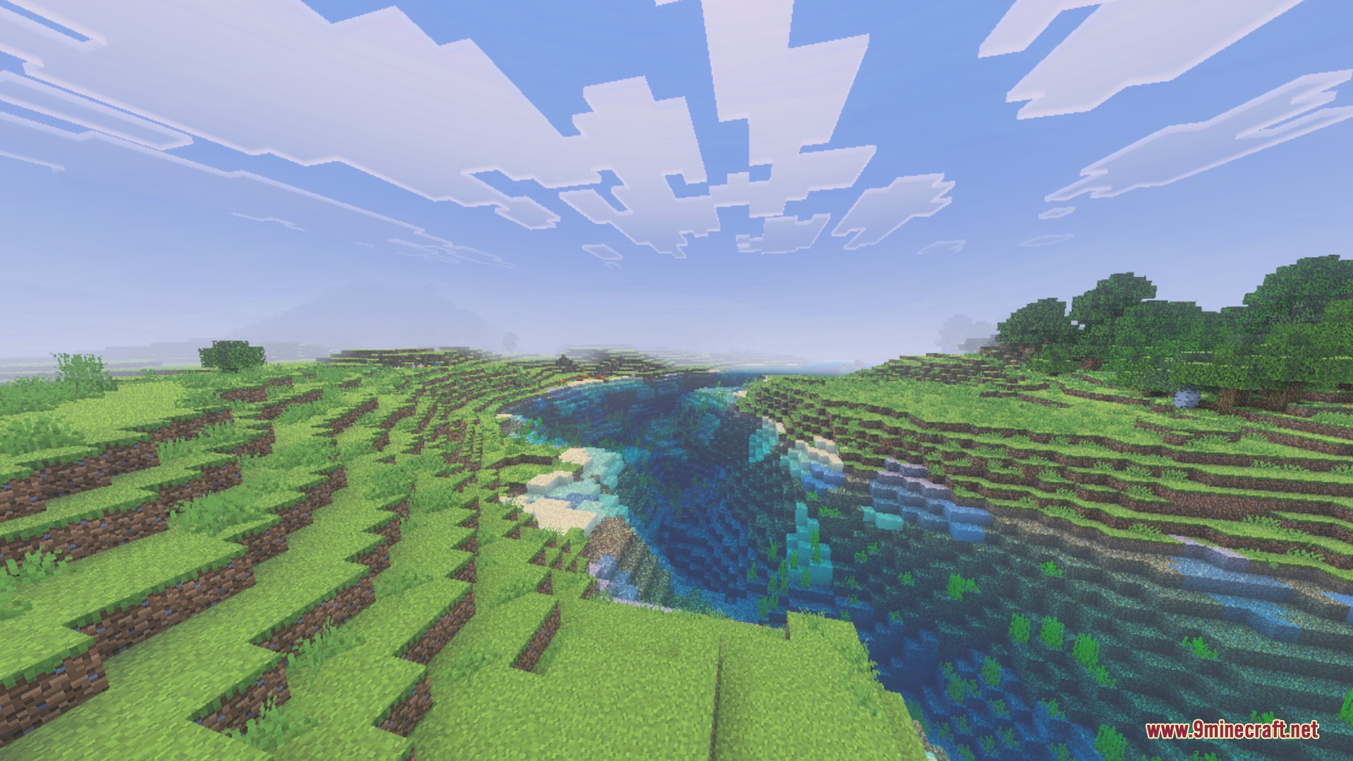 Glimmering Armor Trims Copper Age Shader Screenshot 5 Scenic view of a deep river valley surrounded by lush green hills