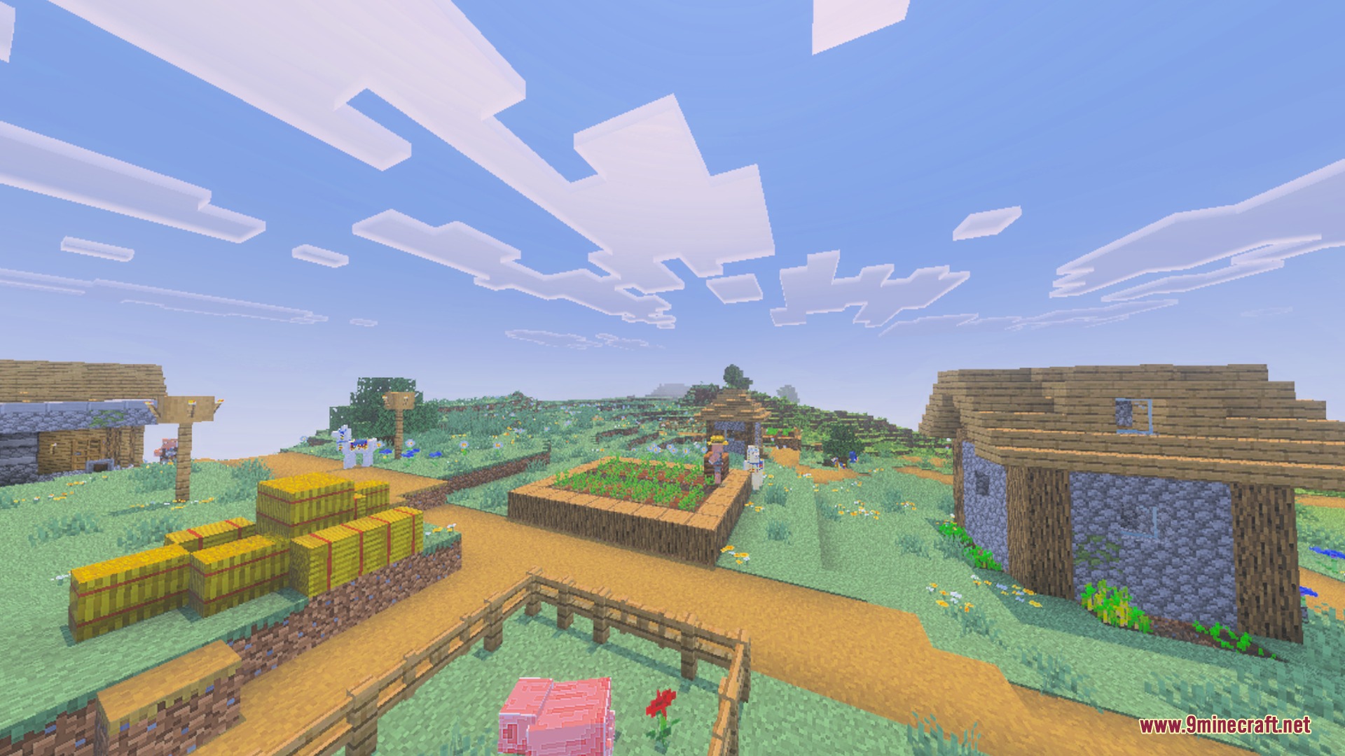 Glimmering Armor Trims Copper Age Shader Screenshot 6 A peaceful Minecraft village with wooden houses and hay bales under clear skies