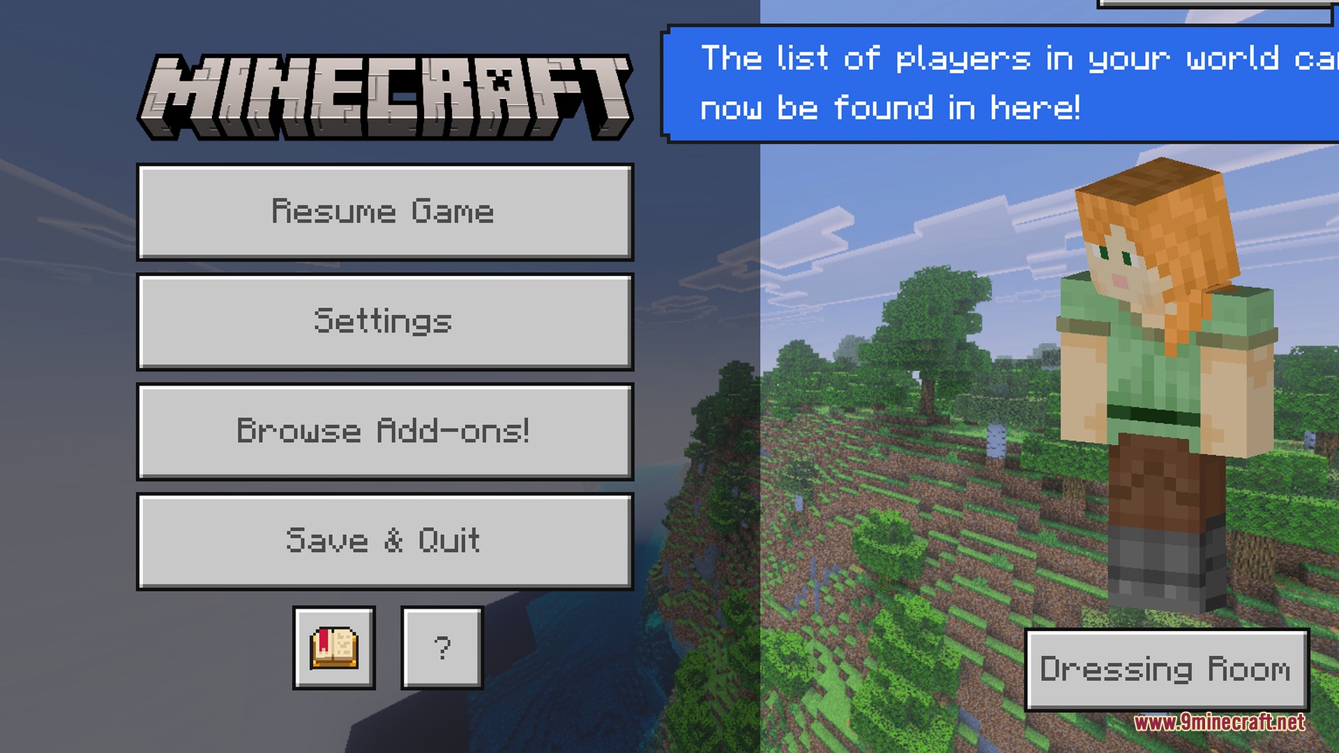 Glimmering Armor Trims Copper Age Shader Screenshot 7 Minecraft pause menu screen showing Alex character and game settings in green landscape