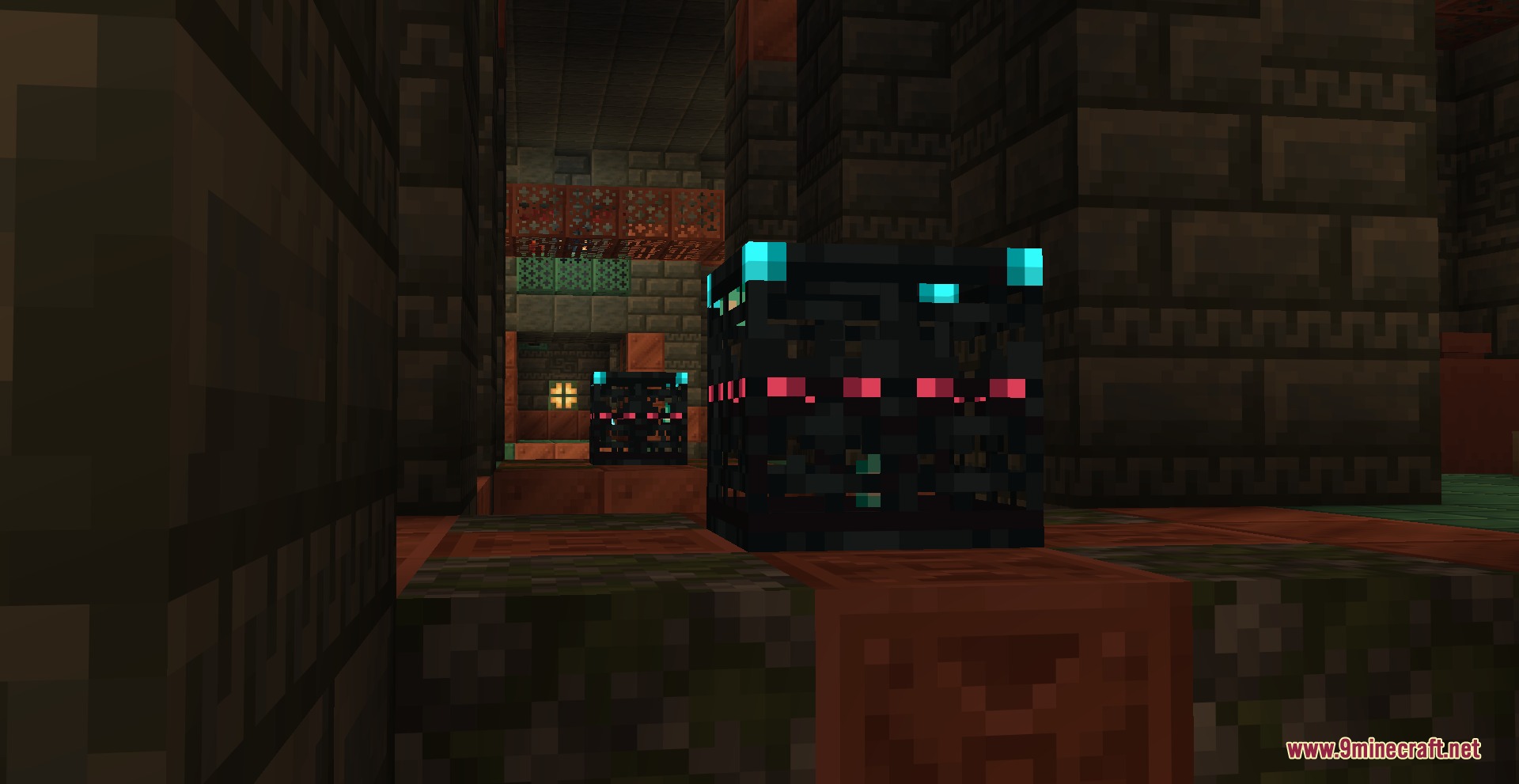 Trial spawner emitting a bright glow in a dark underground dungeon area