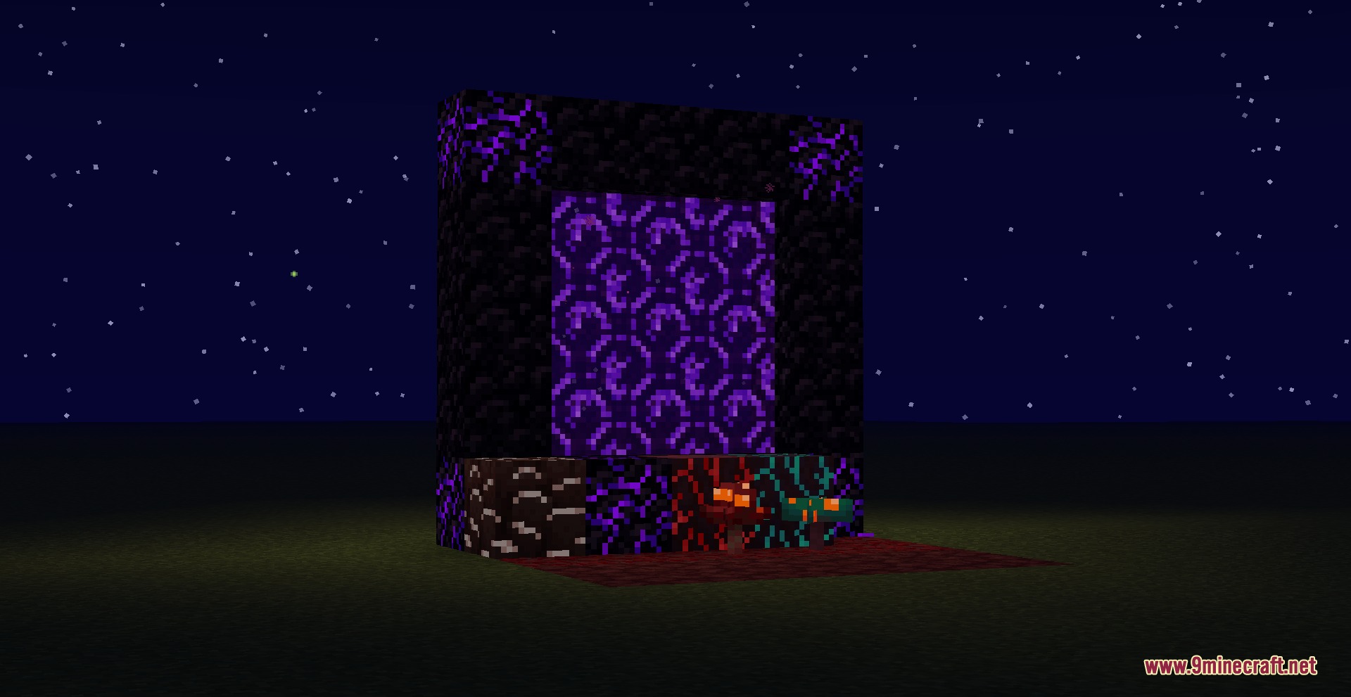 A purple Nether portal with glowing crying obsidian blocks at night