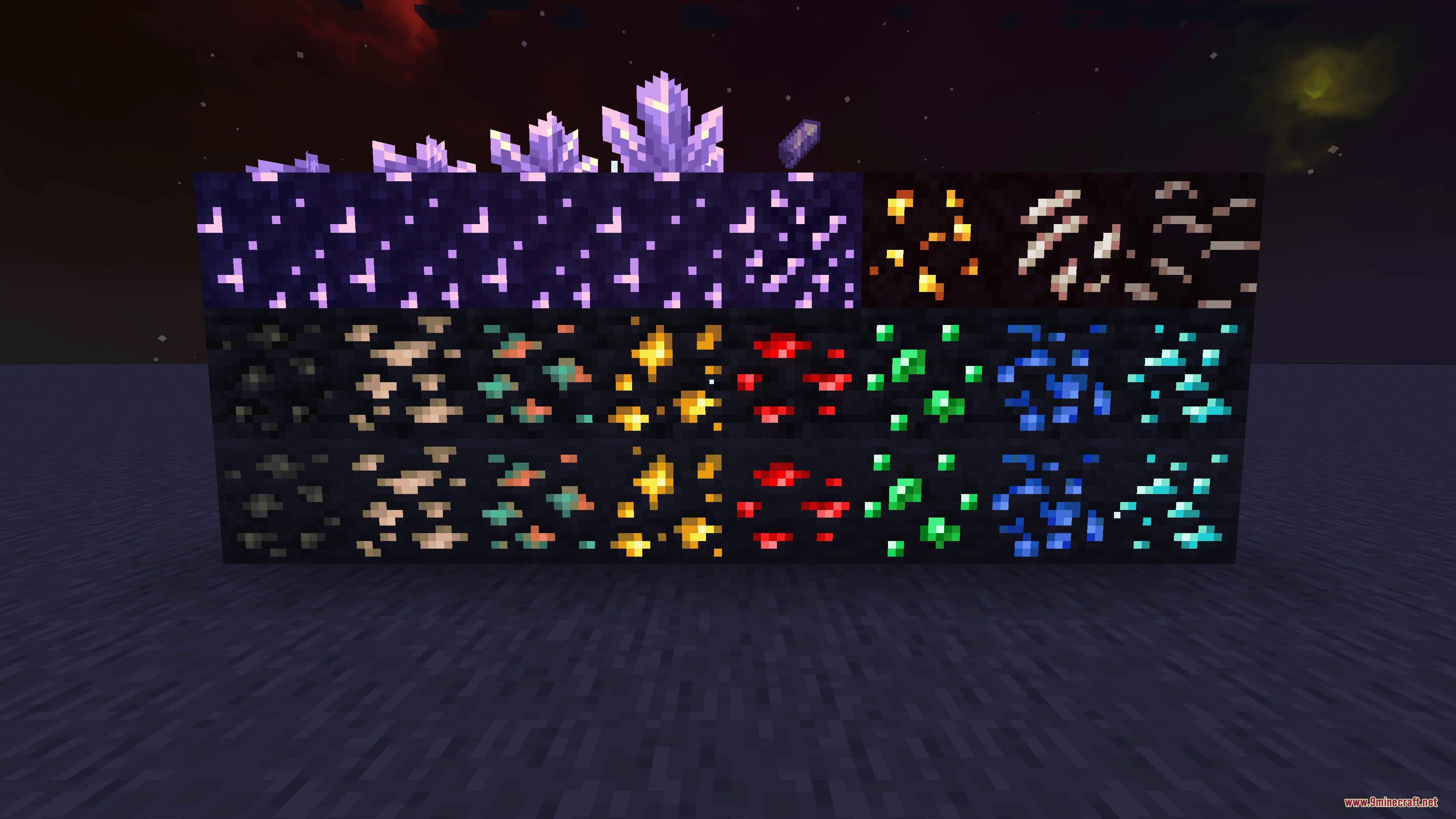 Glowing Emissive Ores Definitive Edition Mod Screenshot 1 Various Minecraft ores glowing brightly in a dark cave environment