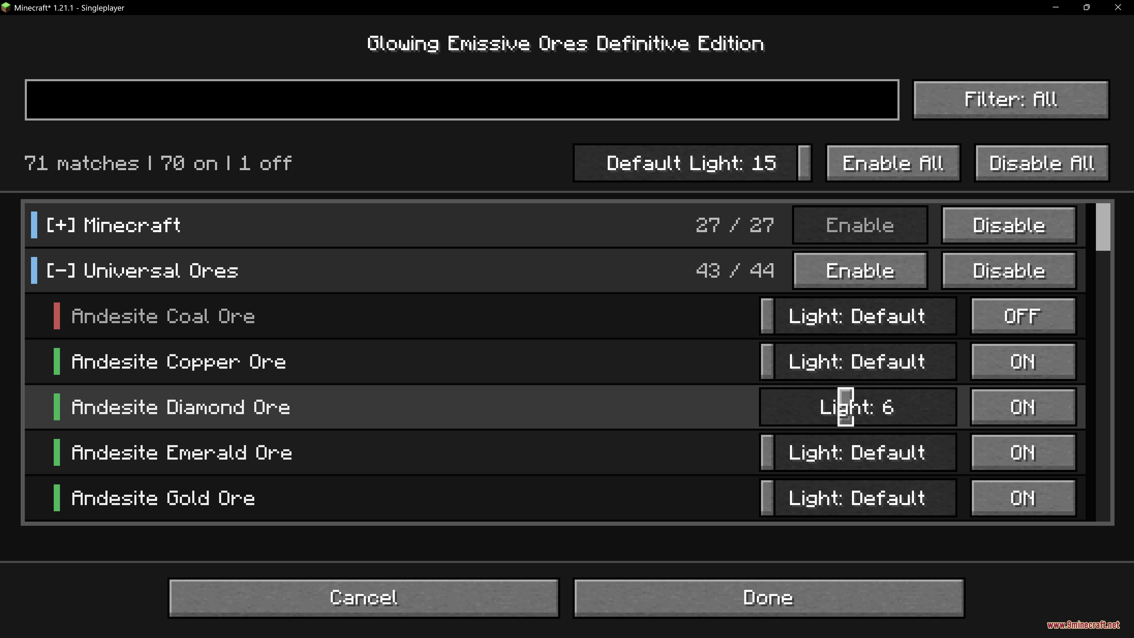 Glowing Emissive Ores Definitive Edition Mod Screenshot 2 Configuration menu for the Glowing Emissive Ores Definitive Edition mod settings